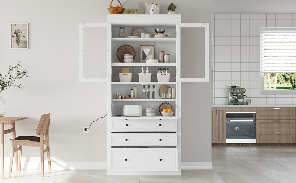 [Assembly Video Provided] TOPMAX 36x16.5x78inch Freestanding Kitchen Pantry Storage Cabinet,Multifunctional Cupboard with 3 Drawers,Adjustable Shelves and Power Outlet for Dining and Living Room,White - Image 3