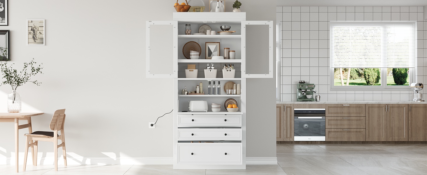 [Assembly Video Provided] TOPMAX 36x16.5x78inch Freestanding Kitchen Pantry Storage Cabinet,Multifunctional Cupboard with 3 Drawers,Adjustable Shelves and Power Outlet for Dining and Living Room,White - Image 2