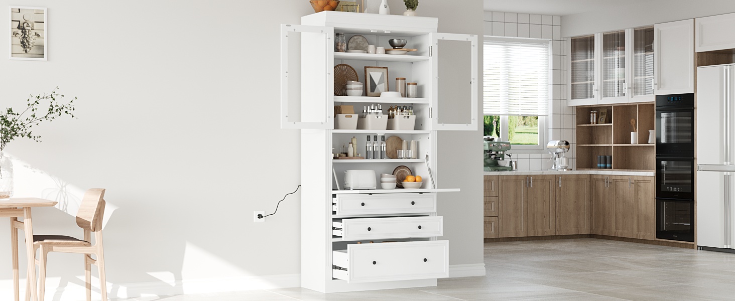[Assembly Video Provided] TOPMAX 36x16.5x78inch Freestanding Kitchen Pantry Storage Cabinet,Multifunctional Cupboard with 3 Drawers,Adjustable Shelves and Power Outlet for Dining and Living Room,White - Image 4
