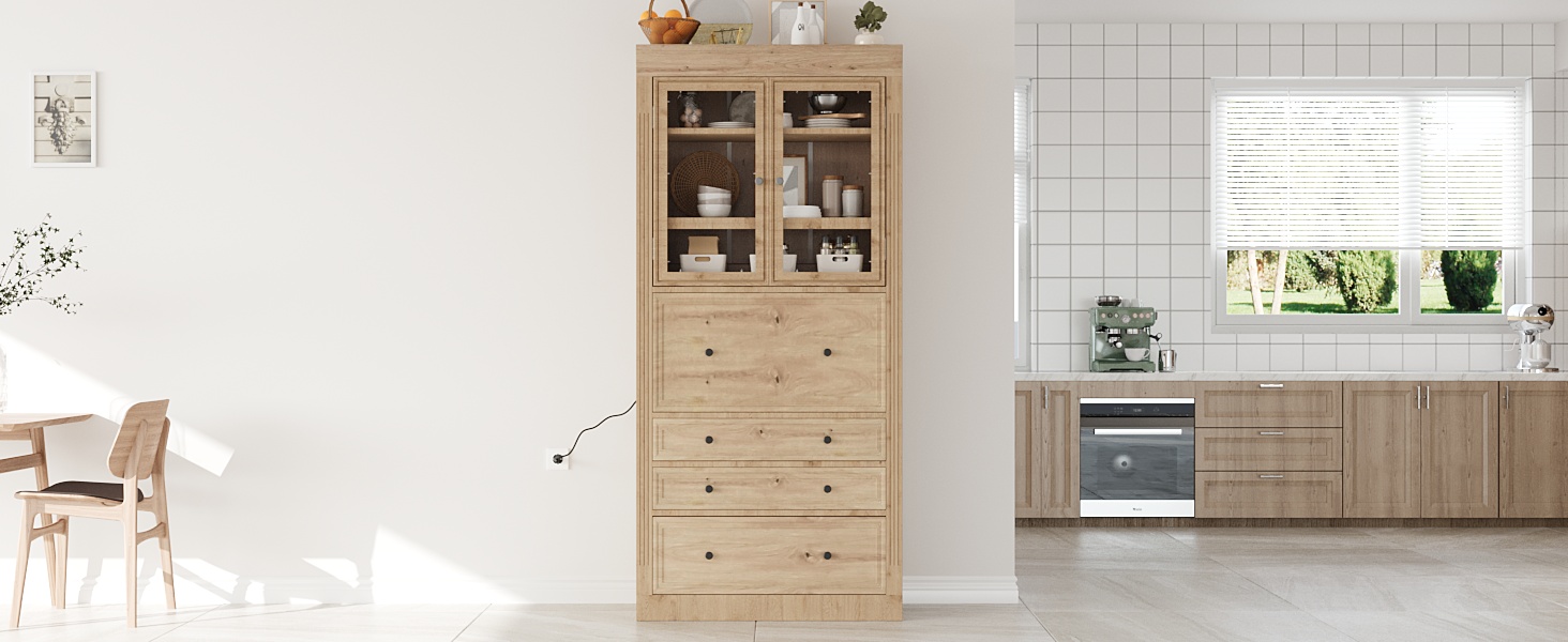 [Assembly Video Provided]TOPMAX 36x16.5x78inch Freestanding Kitchen Pantry Storage Cabinet,Multifunctional Cupboard with 3 Drawers,Adjustable Shelves and Power Outlet for Dining,Living Room,Natural - Image 2
