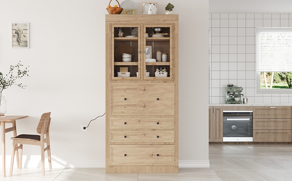 [Assembly Video Provided]TOPMAX 36x16.5x78inch Freestanding Kitchen Pantry Storage Cabinet,Multifunctional Cupboard with 3 Drawers,Adjustable Shelves and Power Outlet for Dining,Living Room,Natural - Image 3