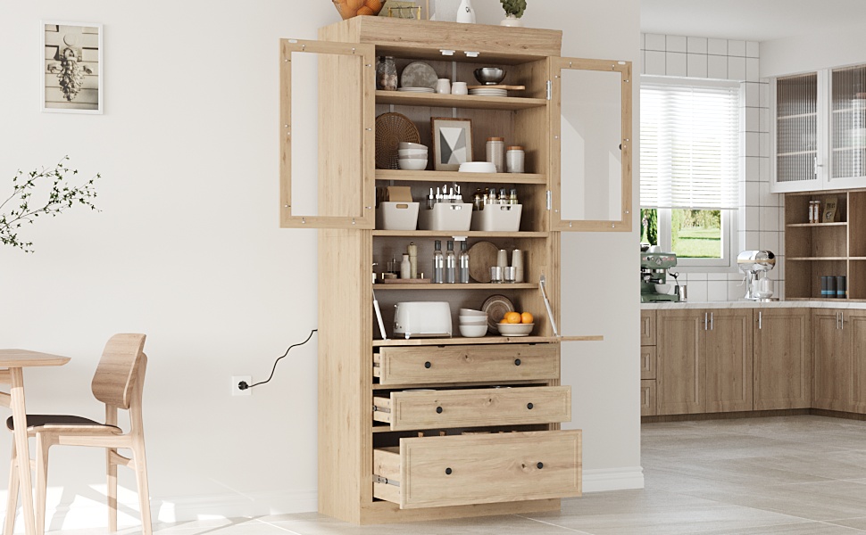 [Assembly Video Provided]TOPMAX 36x16.5x78inch Freestanding Kitchen Pantry Storage Cabinet,Multifunctional Cupboard with 3 Drawers,Adjustable Shelves and Power Outlet for Dining,Living Room,Natural - Image 4