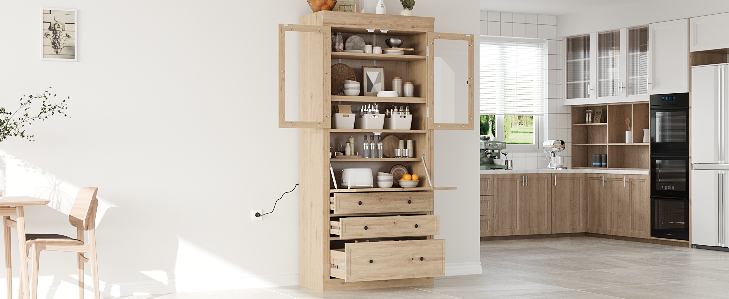 [Assembly Video Provided]TOPMAX 36x16.5x78inch Freestanding Kitchen Pantry Storage Cabinet,Multifunctional Cupboard with 3 Drawers,Adjustable Shelves and Power Outlet for Dining,Living Room,Natural - Image 5