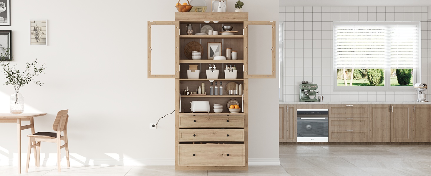 [Assembly Video Provided]TOPMAX 36x16.5x78inch Freestanding Kitchen Pantry Storage Cabinet,Multifunctional Cupboard with 3 Drawers,Adjustable Shelves and Power Outlet for Dining,Living Room,Natural - Image 6