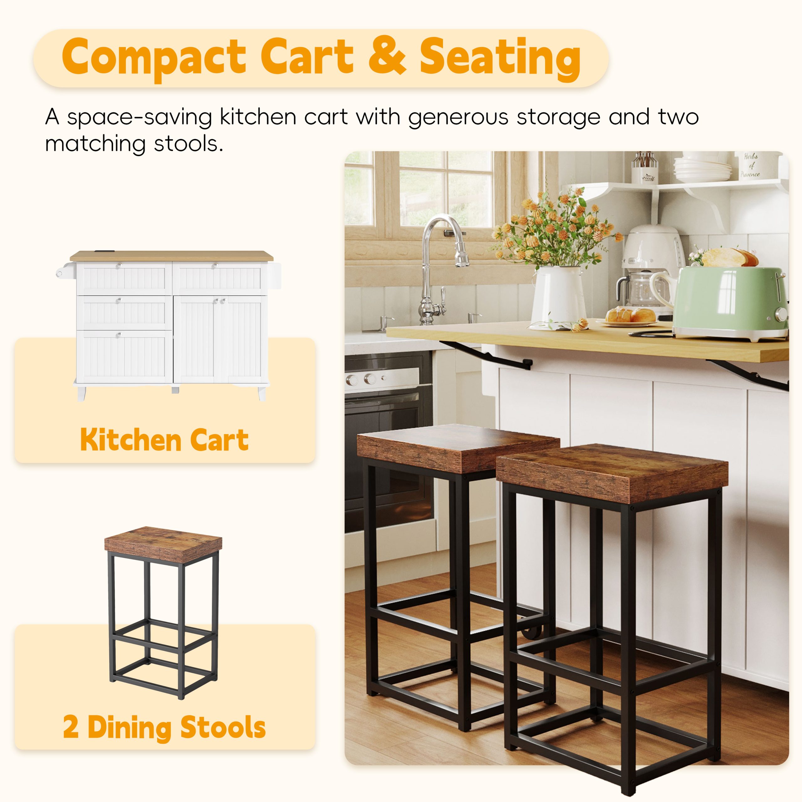 [Product Display Video Available]TOPMAX Farmhouse Kitchen Island with Drop Leaf and 2 Seatings, Kitchen Table Set with Storage Cabinet, Drawers, Door Shelves and Power Outlet, White - Image 2