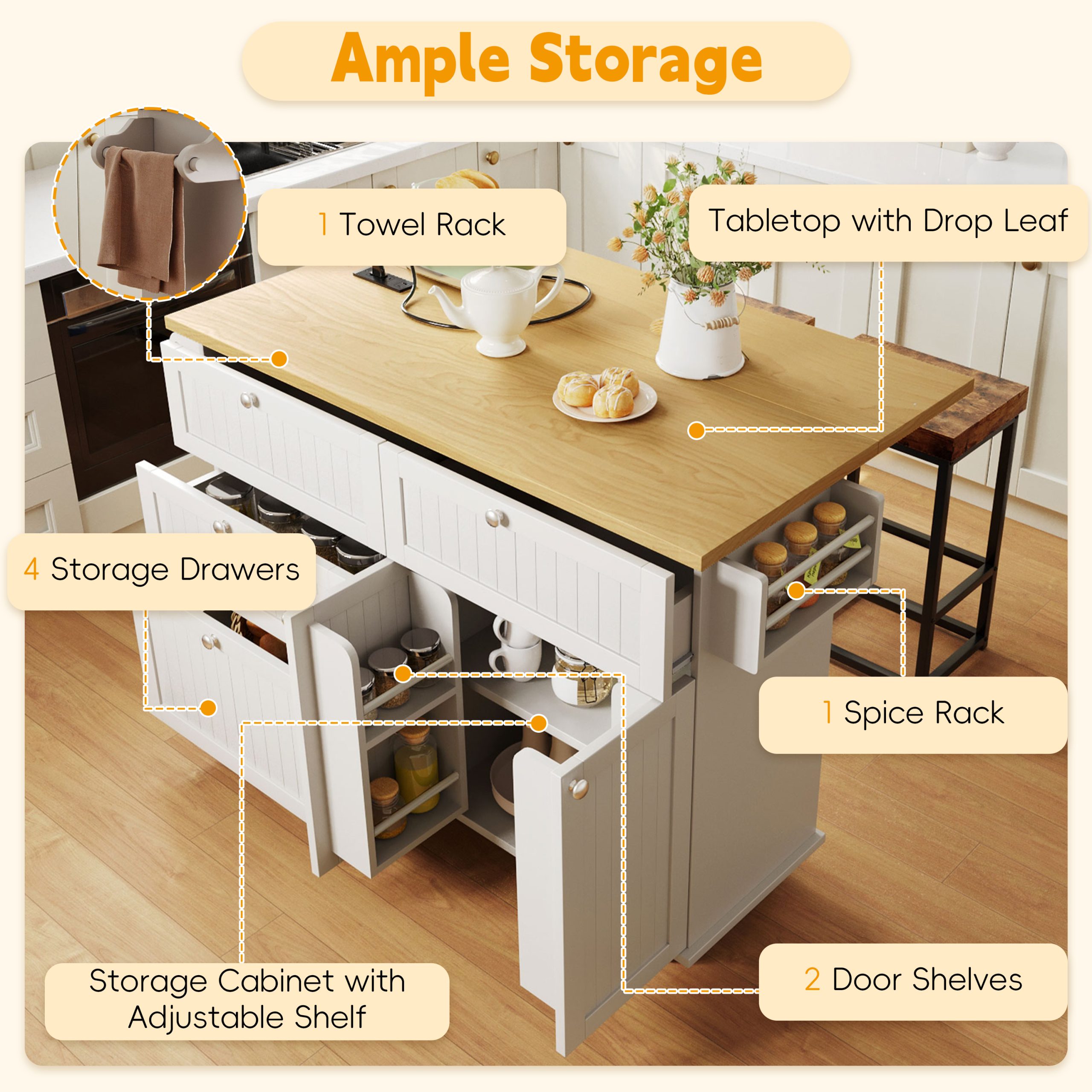 [Product Display Video Available]TOPMAX Farmhouse Kitchen Island with Drop Leaf and 2 Seatings, Kitchen Table Set with Storage Cabinet, Drawers, Door Shelves and Power Outlet, White - Image 3