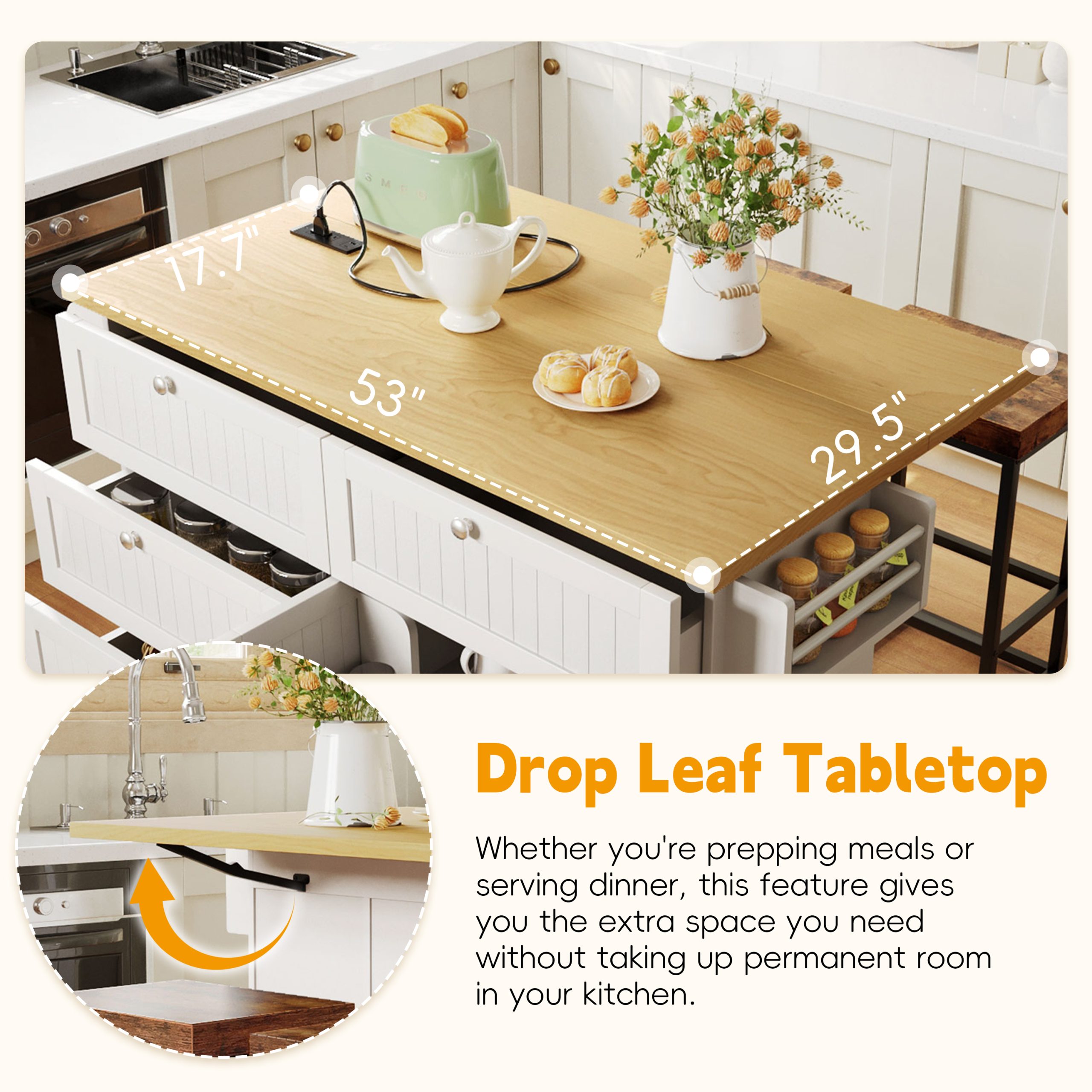 [Product Display Video Available]TOPMAX Farmhouse Kitchen Island with Drop Leaf and 2 Seatings, Kitchen Table Set with Storage Cabinet, Drawers, Door Shelves and Power Outlet, White - Image 4