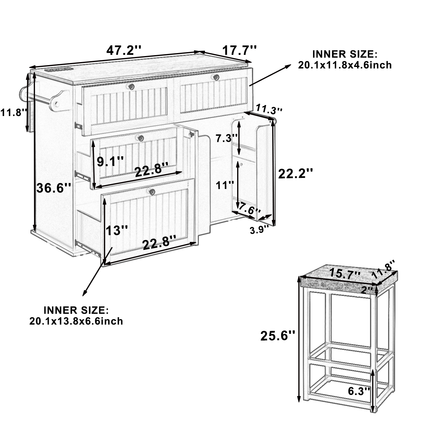[Product Display Video Available]TOPMAX Farmhouse Kitchen Island with Drop Leaf and 2 Seatings, Kitchen Table Set with Storage Cabinet, Drawers, Door Shelves and Power Outlet, Black - Image 6