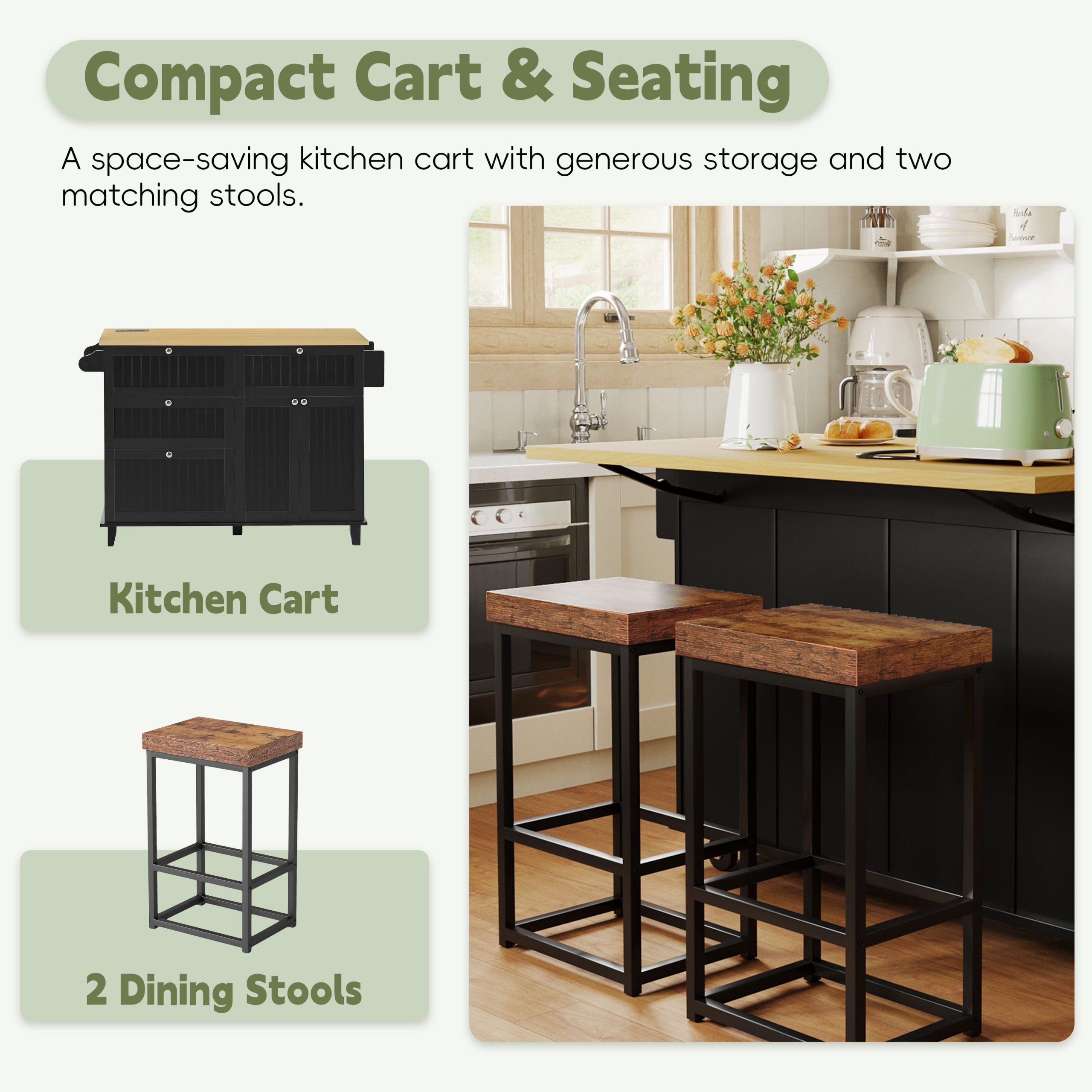 [Product Display Video Available]TOPMAX Farmhouse Kitchen Island with Drop Leaf and 2 Seatings, Kitchen Table Set with Storage Cabinet, Drawers, Door Shelves and Power Outlet, Black - Image 2