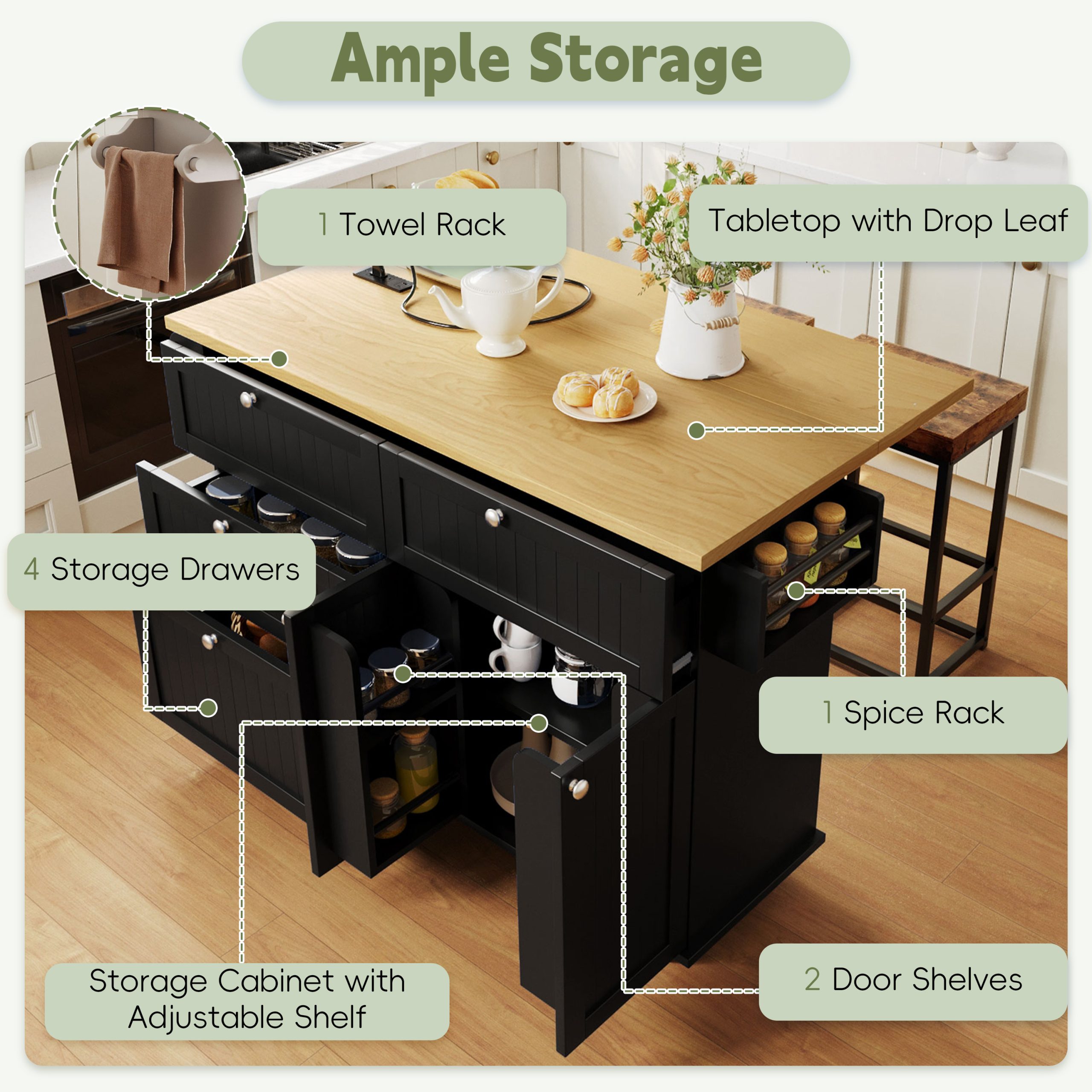 [Product Display Video Available]TOPMAX Farmhouse Kitchen Island with Drop Leaf and 2 Seatings, Kitchen Table Set with Storage Cabinet, Drawers, Door Shelves and Power Outlet, Black - Image 3