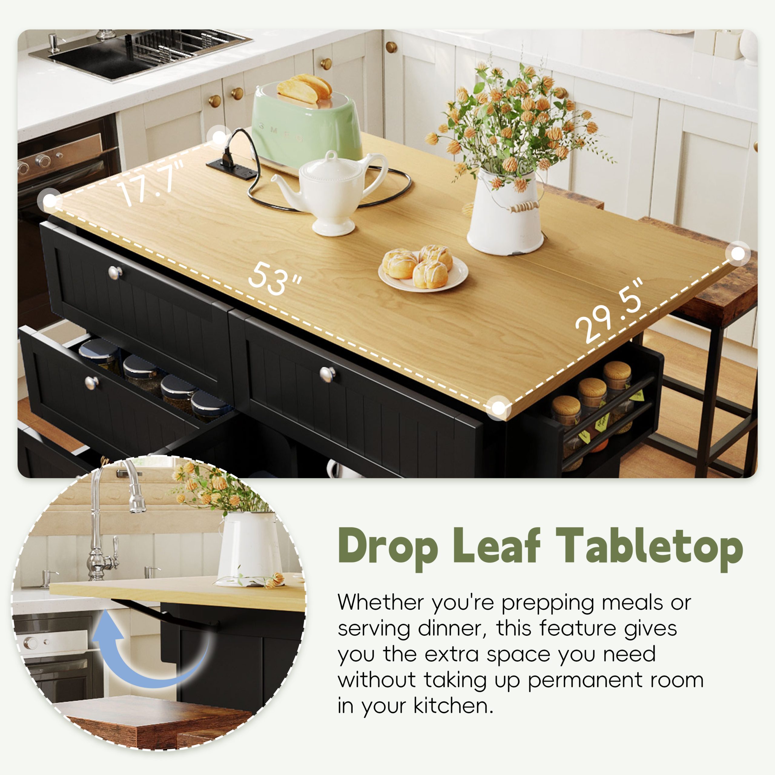 [Product Display Video Available]TOPMAX Farmhouse Kitchen Island with Drop Leaf and 2 Seatings, Kitchen Table Set with Storage Cabinet, Drawers, Door Shelves and Power Outlet, Black - Image 4