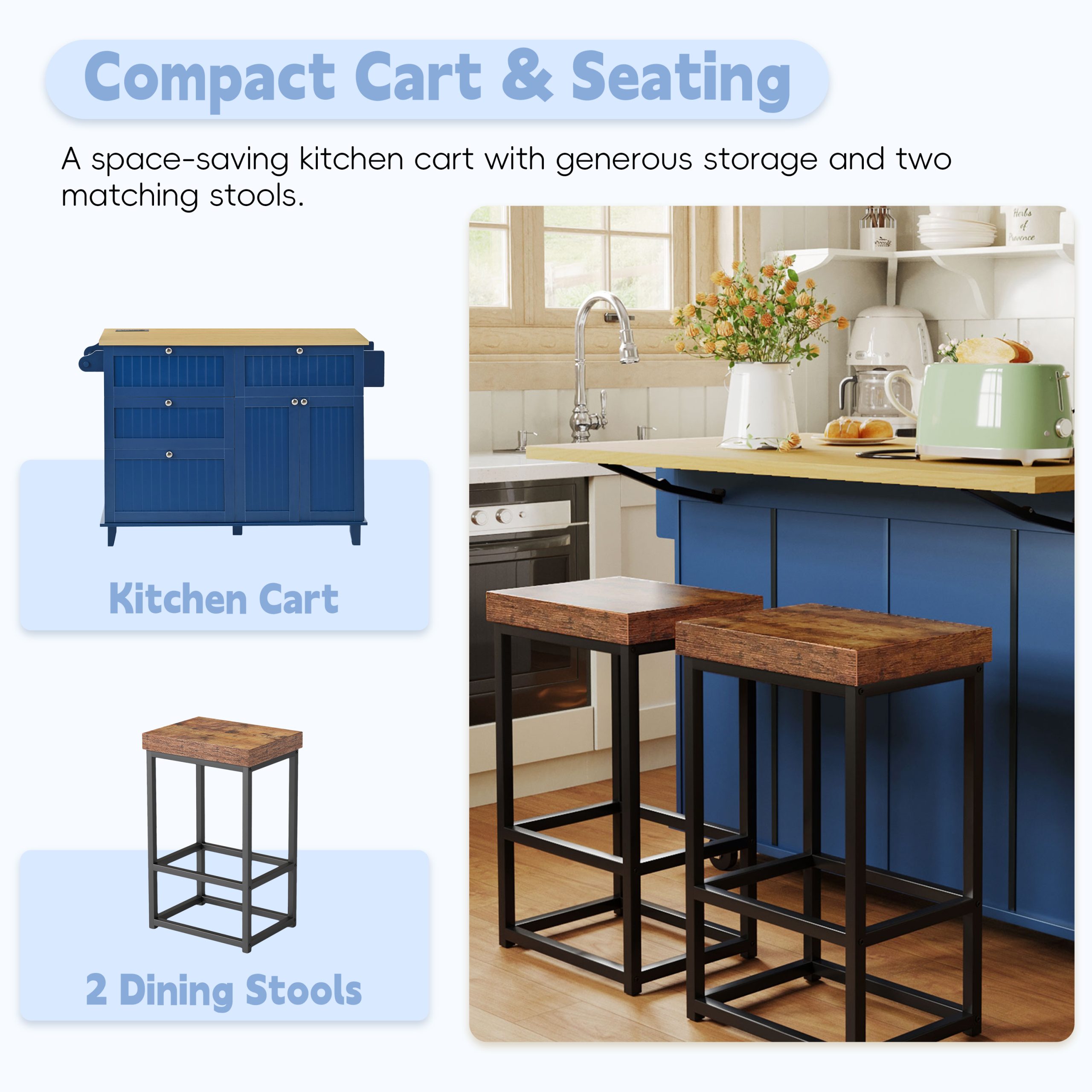 [Product Display Video Available]TOPMAX Farmhouse Kitchen Island with Drop Leaf and 2 Seatings, Kitchen Table Set with Storage Cabinet, Drawers, Door Shelves and Power Outlet, Blue - Image 2