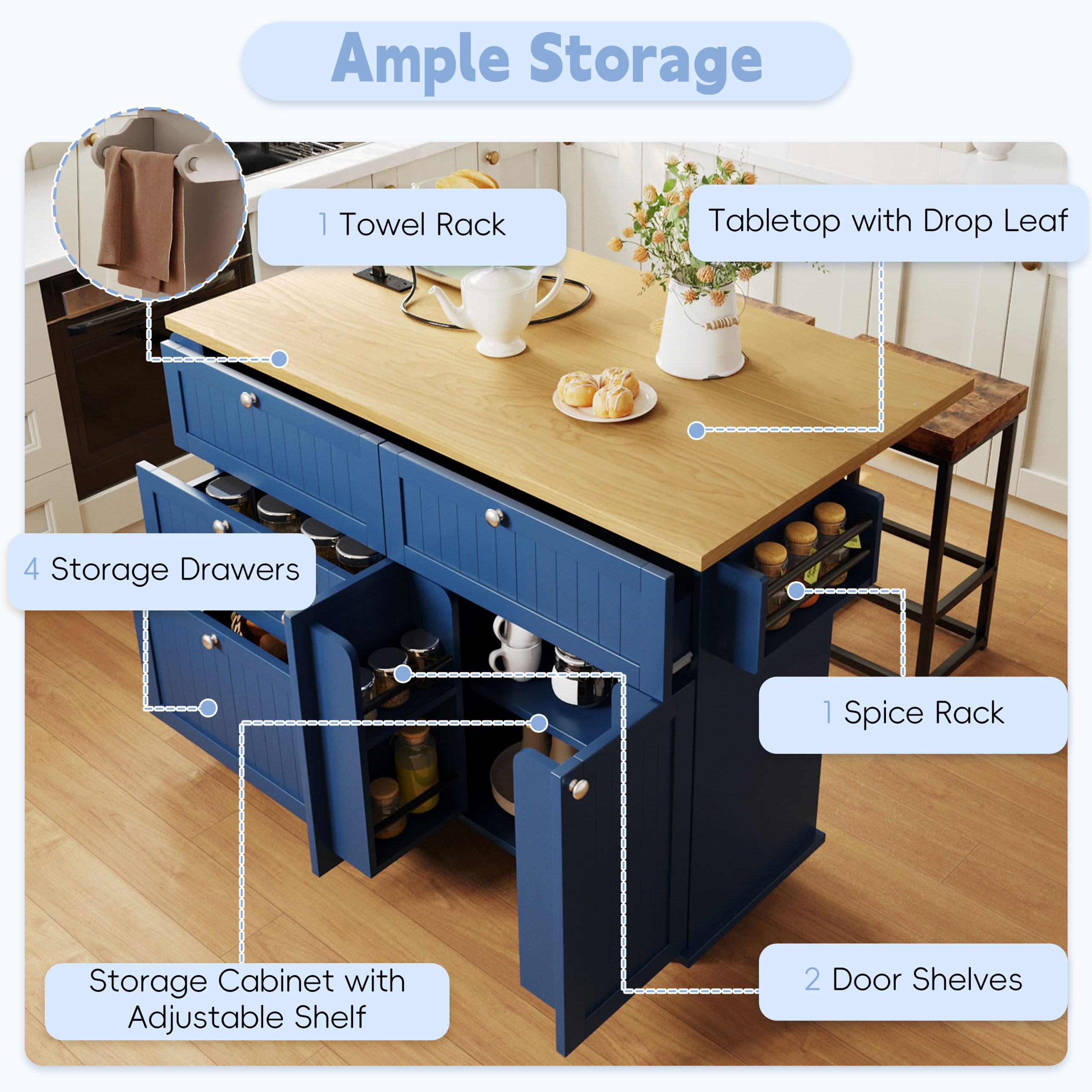 [Product Display Video Available]TOPMAX Farmhouse Kitchen Island with Drop Leaf and 2 Seatings, Kitchen Table Set with Storage Cabinet, Drawers, Door Shelves and Power Outlet, Blue - Image 3
