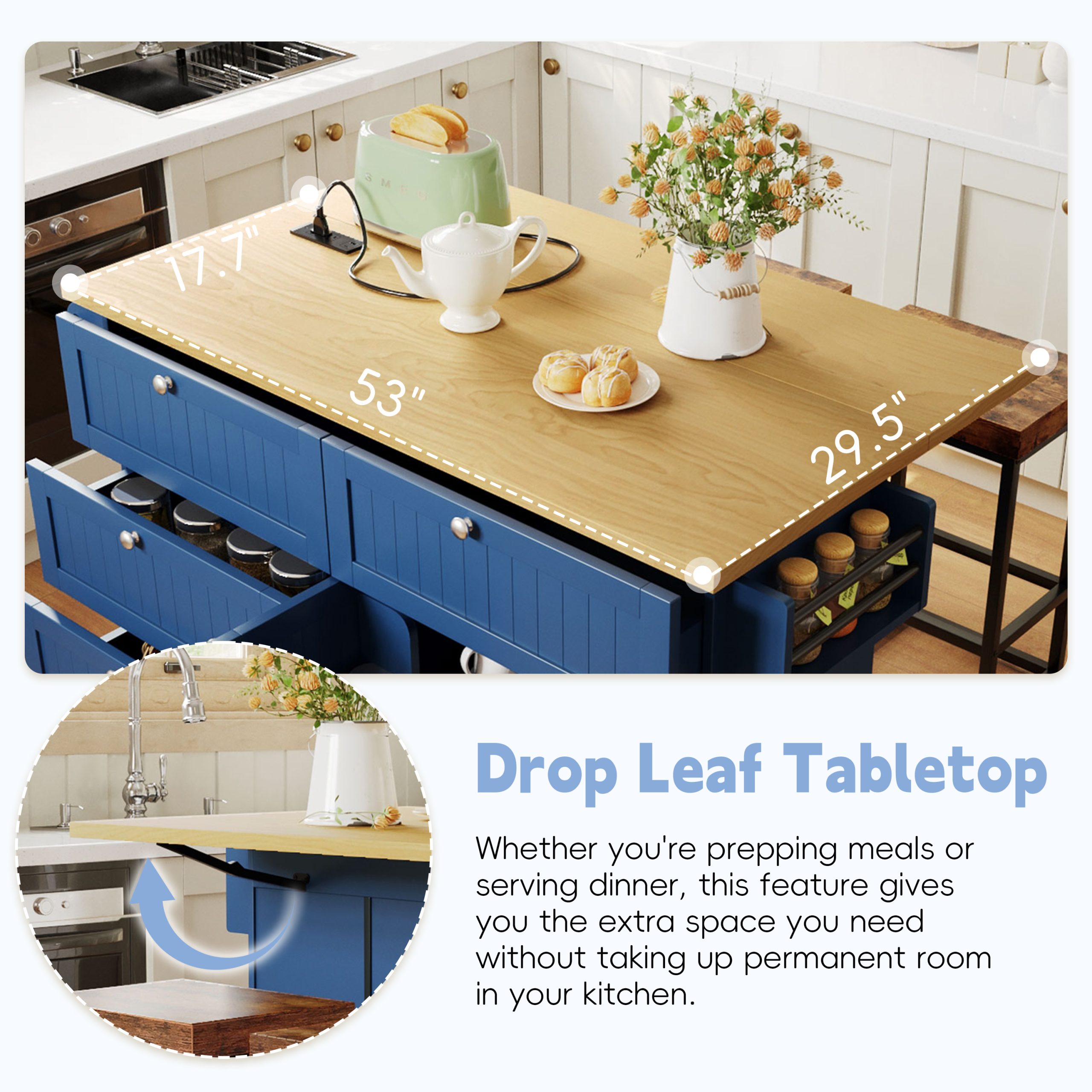 [Product Display Video Available]TOPMAX Farmhouse Kitchen Island with Drop Leaf and 2 Seatings, Kitchen Table Set with Storage Cabinet, Drawers, Door Shelves and Power Outlet, Blue - Image 4