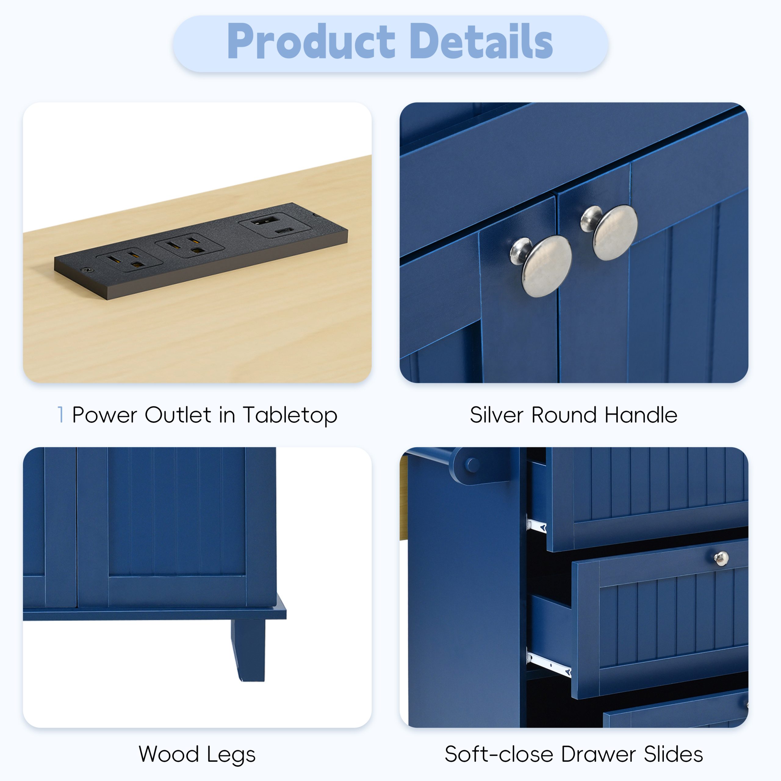 [Product Display Video Available]TOPMAX Farmhouse Kitchen Island with Drop Leaf and 2 Seatings, Kitchen Table Set with Storage Cabinet, Drawers, Door Shelves and Power Outlet, Blue - Image 5