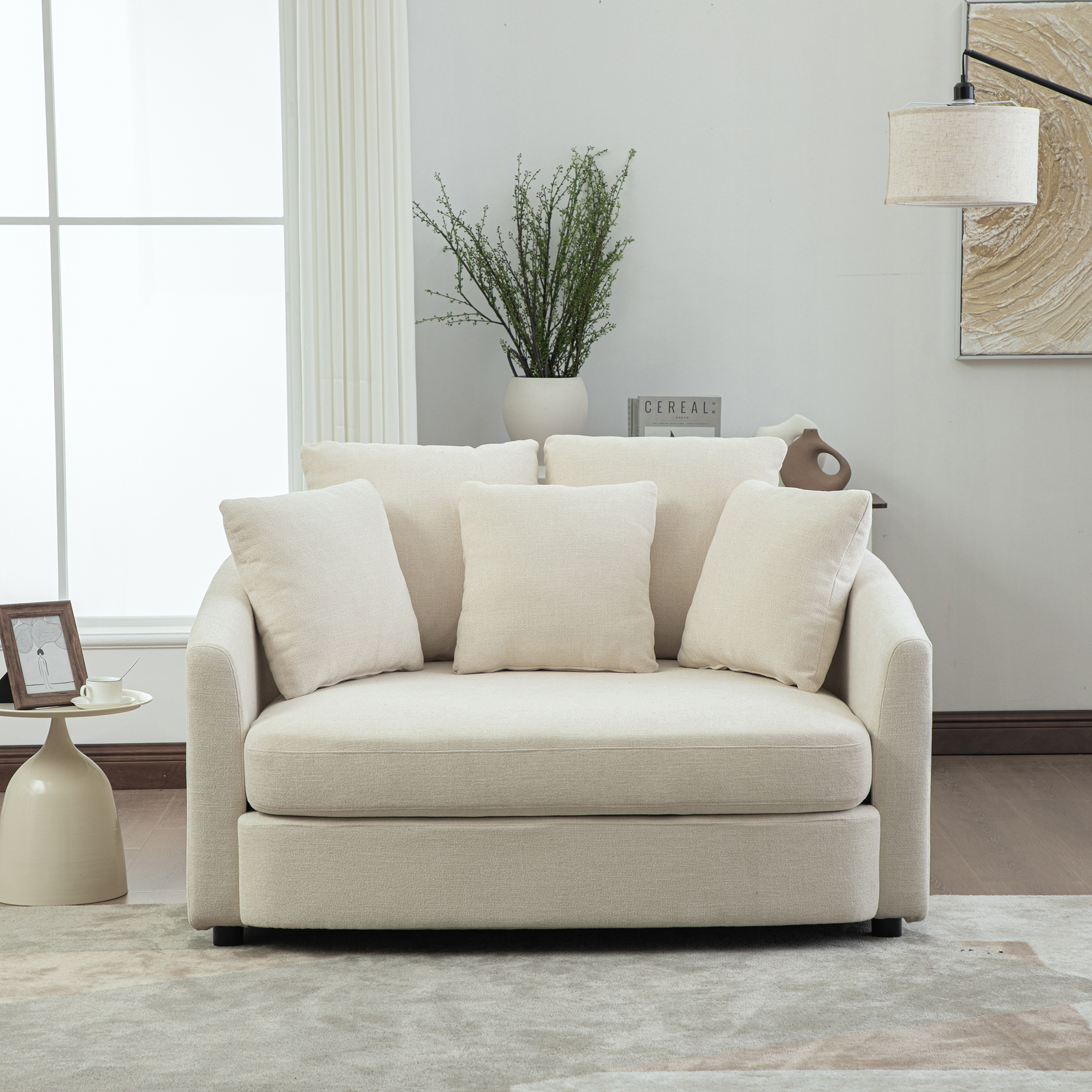 56.3'' Wide Upholstered Round Accent Cuddle Chaise with Pillows, Cozy Oversized Slipcovered Barrel Lounger Chair with Deep Seat Reading Armchair for Club, Living Room, Bedroom, Office, Lounge, Beige - Image 3