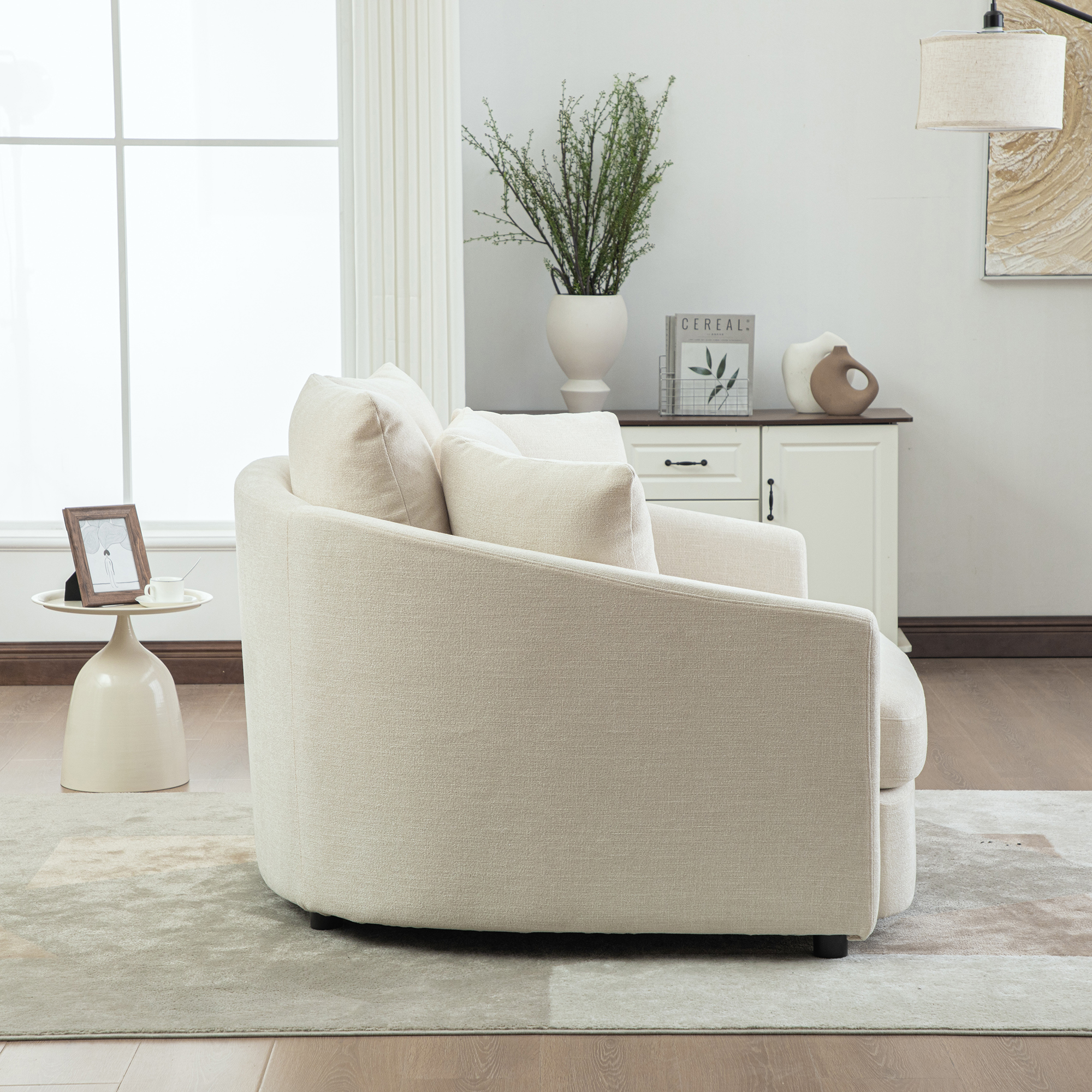 56.3'' Wide Upholstered Round Accent Cuddle Chaise with Pillows, Cozy Oversized Slipcovered Barrel Lounger Chair with Deep Seat Reading Armchair for Club, Living Room, Bedroom, Office, Lounge, Beige - Image 4