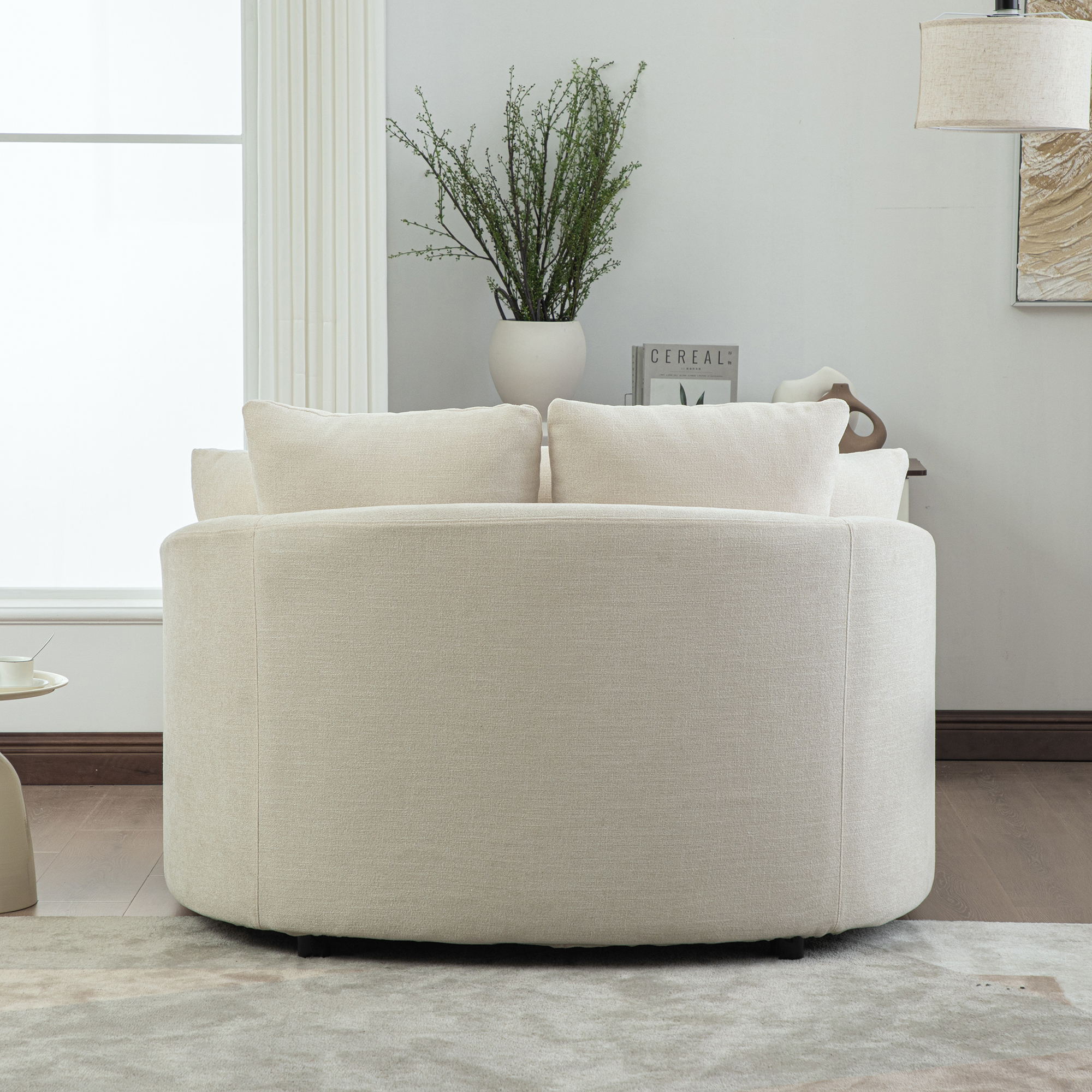 56.3'' Wide Upholstered Round Accent Cuddle Chaise with Pillows, Cozy Oversized Slipcovered Barrel Lounger Chair with Deep Seat Reading Armchair for Club, Living Room, Bedroom, Office, Lounge, Beige - Image 5