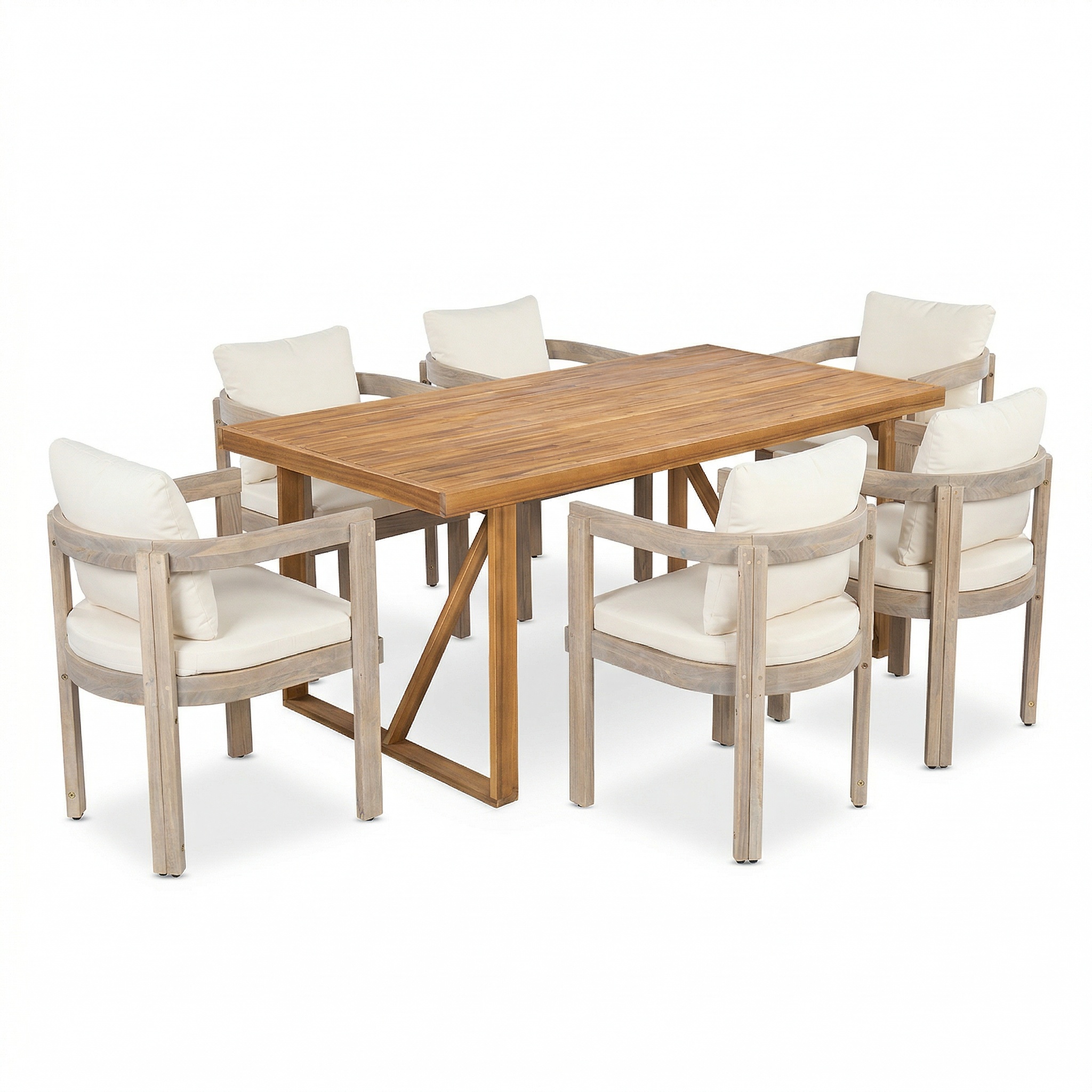 7 Pieces Acacia Wood Outdoor Dining Set with Cream Cushions,Modern 6 Chairs 1 Large Table,Dining Furniture Set for Lawn, Backyard, Garden Deck,Poolside,Teak+Light White - Image 2