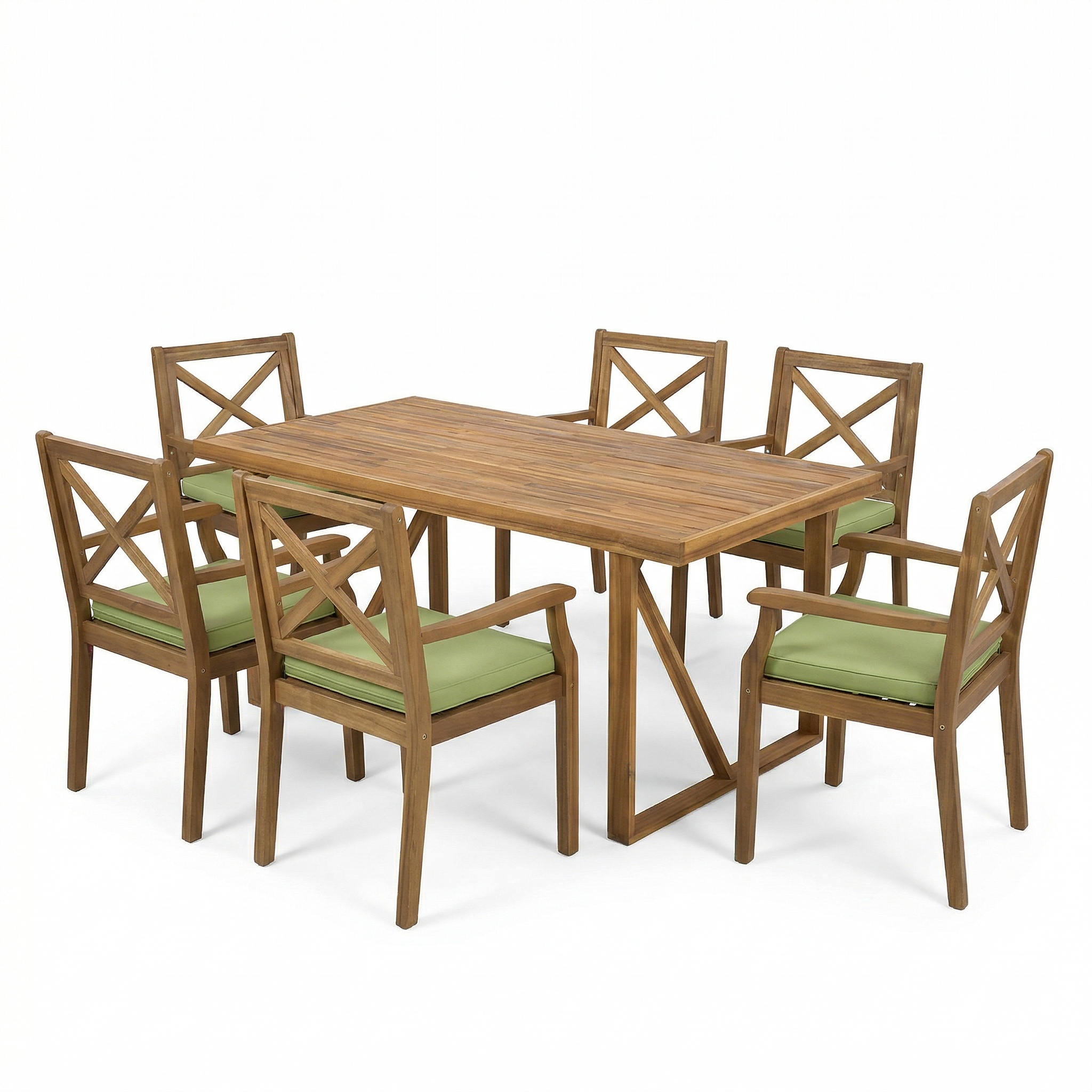7 Pieces Acacia Wood Outdoor Dining Set with Green Cushions,Modern 6 Chairs 1 Large Table,Dining Furniture Set for Lawn, Backyard, Garden Deck,Poolside,Teak - Image 2