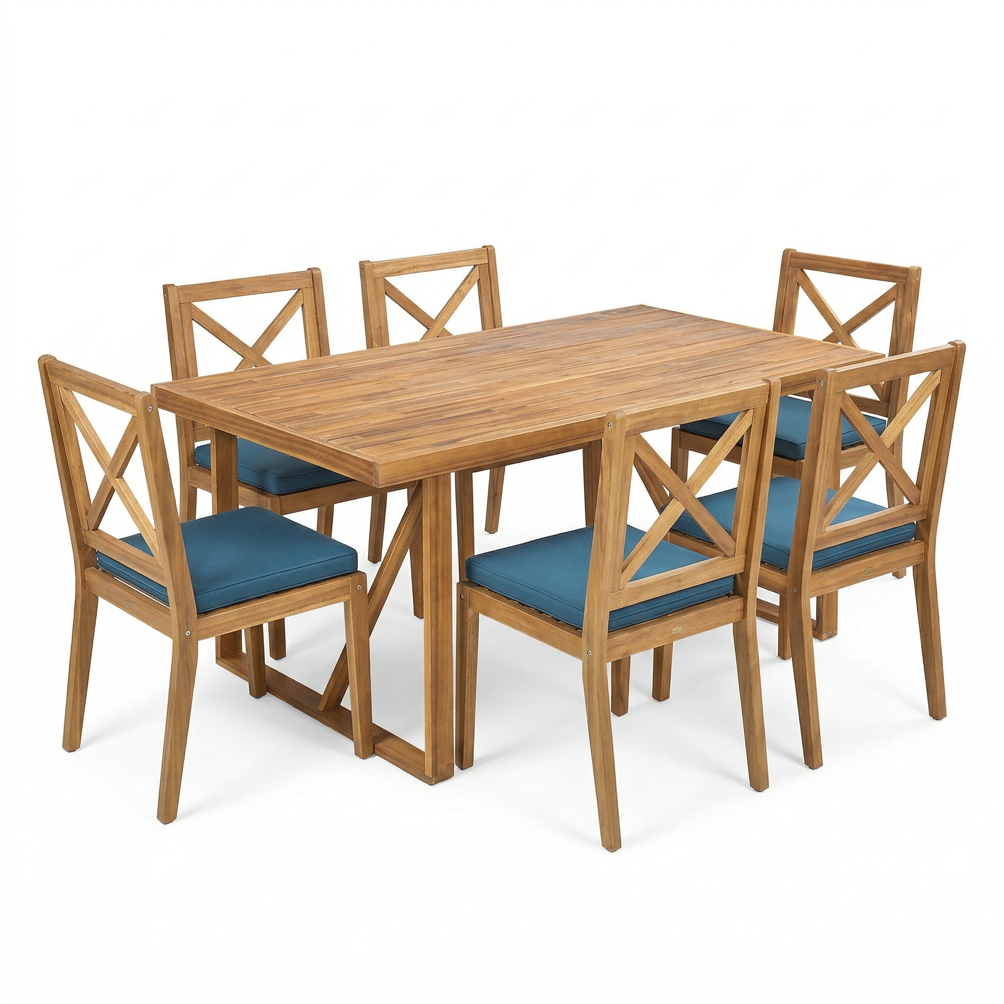 7 Pieces Acacia Wood Outdoor Dining Set with Blue Cushions,Modern 6 Chairs 1 Large Table,Dining Furniture Set for Lawn, Backyard, Garden Deck,Poolside,Teak - Image 2