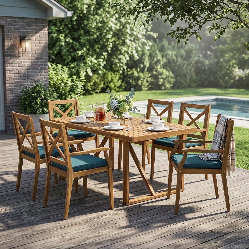 7 Pieces Acacia Wood Outdoor Dining Set with Blue Cushions,Modern 6 Chairs 1 Large Table,Dining Furniture Set for Lawn, Backyard, Garden Deck,Poolside,Teak - Image 3