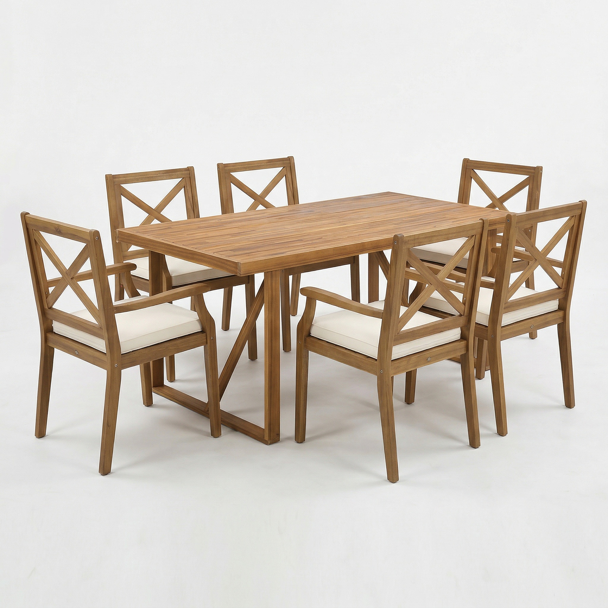 7 Pieces Acacia Wood Outdoor Dining Set with Cream Cushions,Modern 6 Chairs 1 Large Table,Dining Furniture Set for Lawn, Backyard, Garden Deck,Poolside,Teak - Image 2