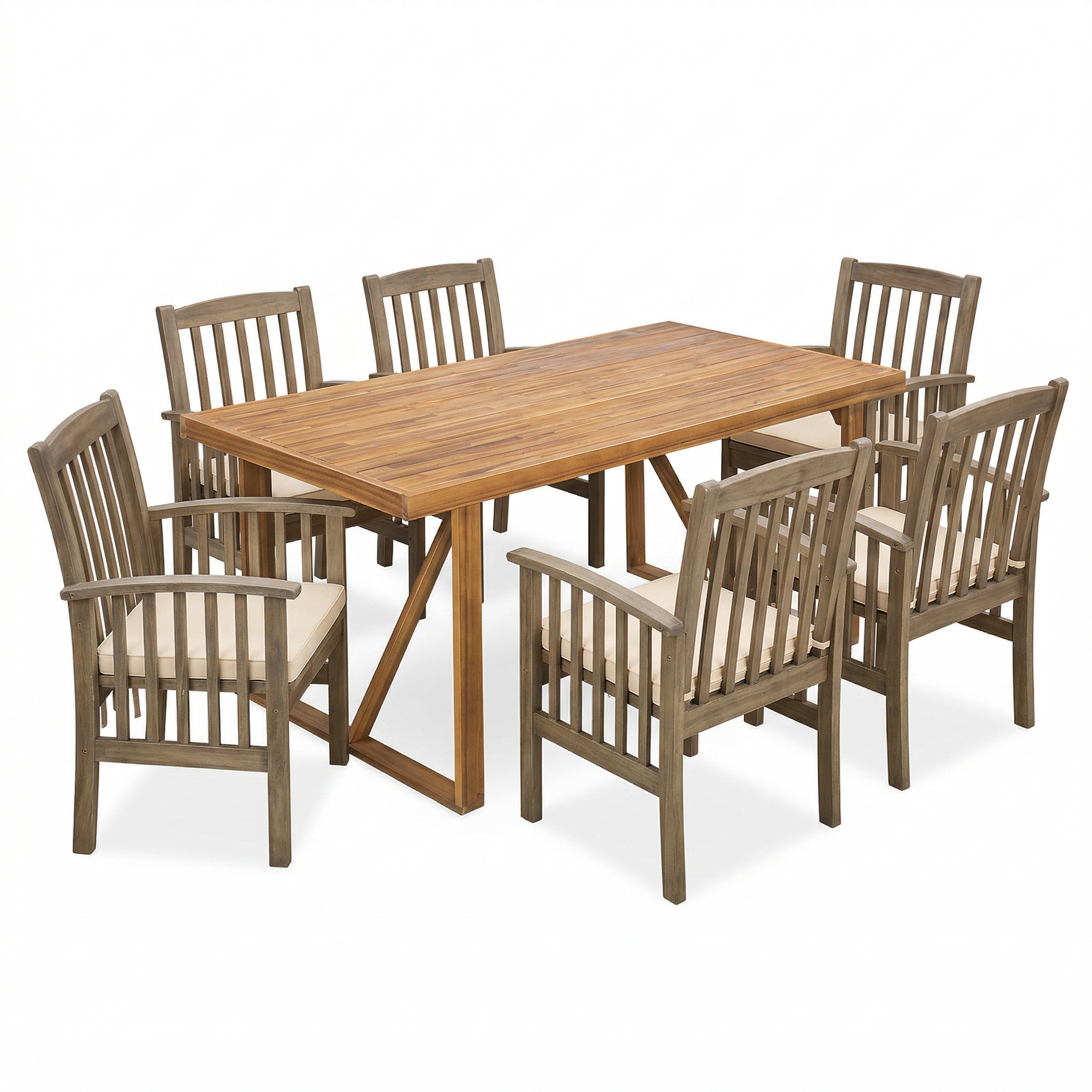 7 Pieces Acacia Wood Outdoor Dining Set s,Modern 6 Chairs 1 Large Table,Dining Furniture Set for Lawn, Backyard, Garden Deck,Poolside,Grey - Image 2