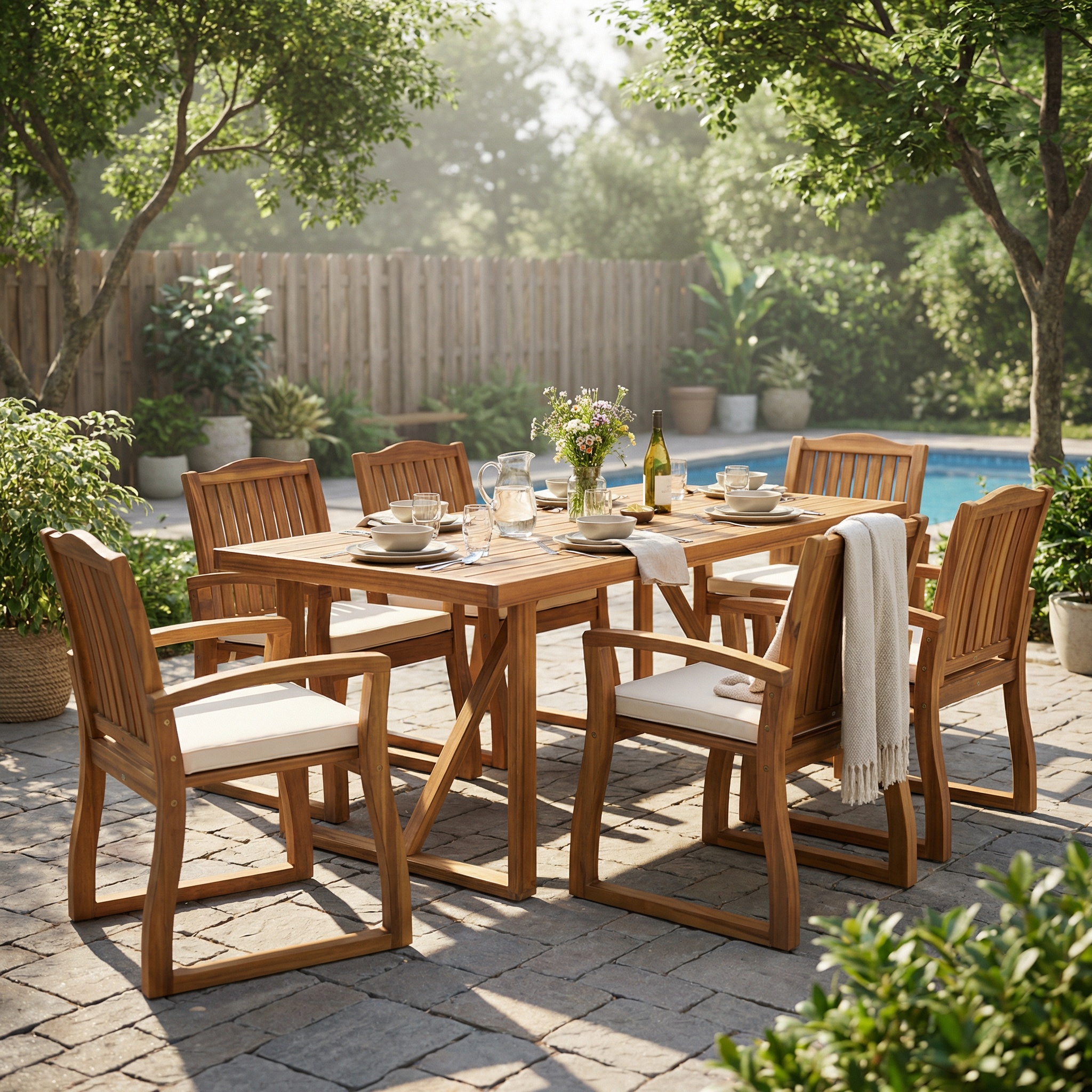 7 Pieces Acacia Wood Outdoor Dining Set with Cream Cushions,Modern 6 Chairs 1 Large Table,Dining Furniture Set for Lawn, Backyard, Garden Deck,Poolside,Teak