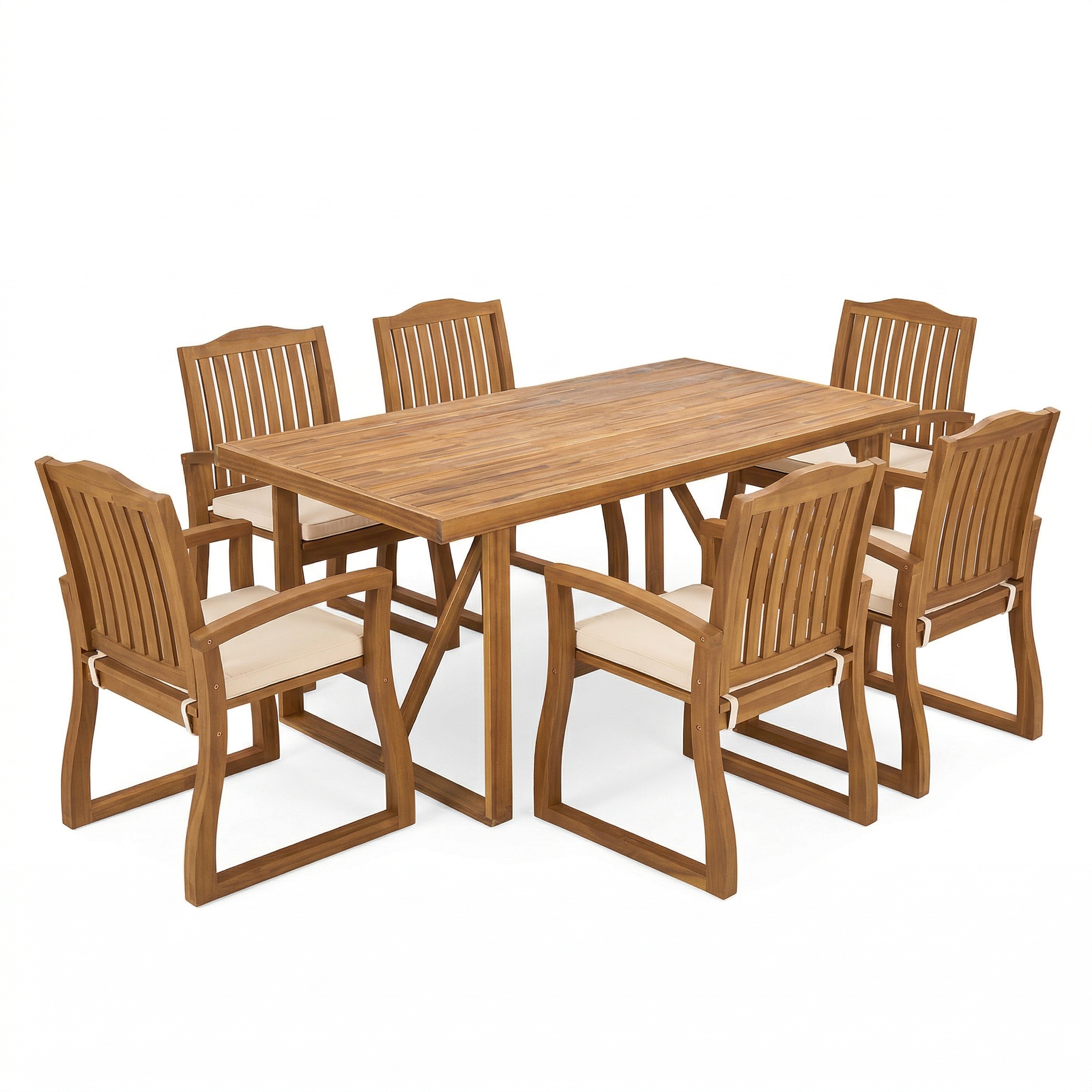 7 Pieces Acacia Wood Outdoor Dining Set with Cream Cushions,Modern 6 Chairs 1 Large Table,Dining Furniture Set for Lawn, Backyard, Garden Deck,Poolside,Teak - Image 2
