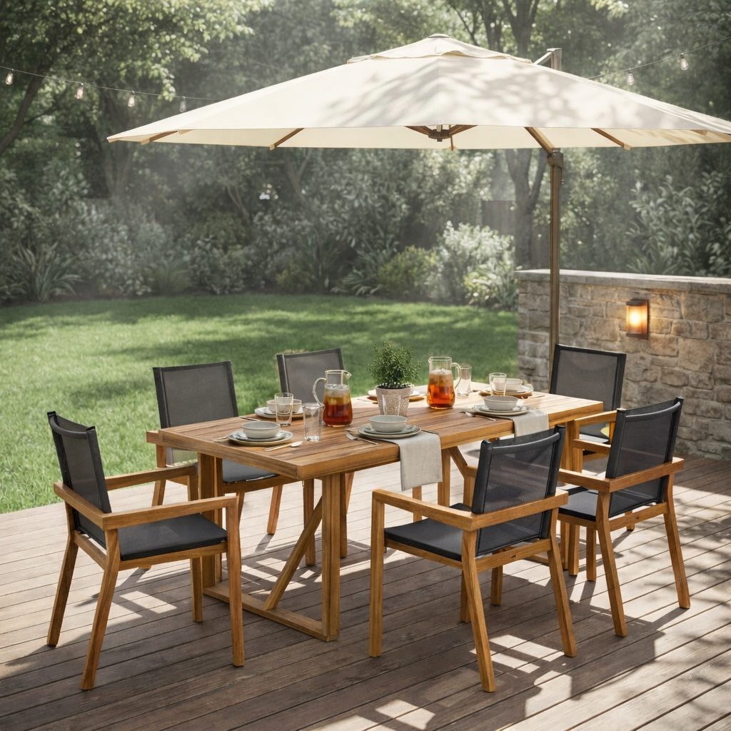 7 Pieces Acacia Wood Outdoor Dining Set s,Modern 6 Chairs 1 Large Table, Dining Furniture Set for Lawn, Backyard, Garden Deck,Poolside,Teak - Image 1