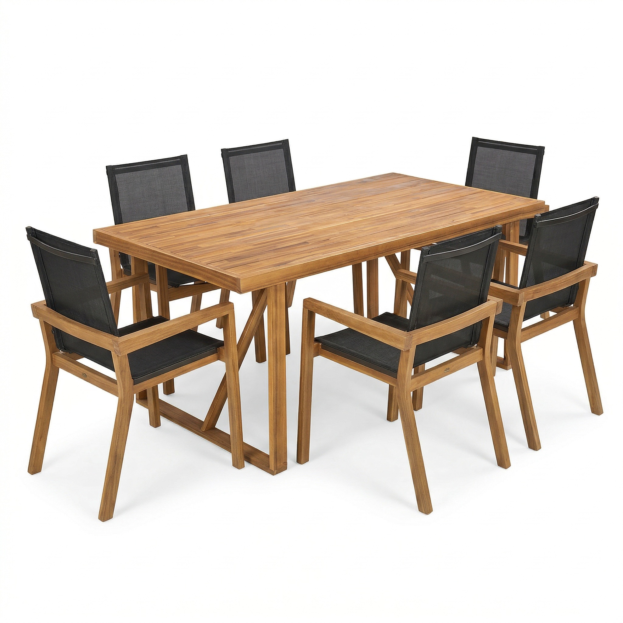 7 Pieces Acacia Wood Outdoor Dining Set s,Modern 6 Chairs 1 Large Table, Dining Furniture Set for Lawn, Backyard, Garden Deck,Poolside,Teak - Image 2