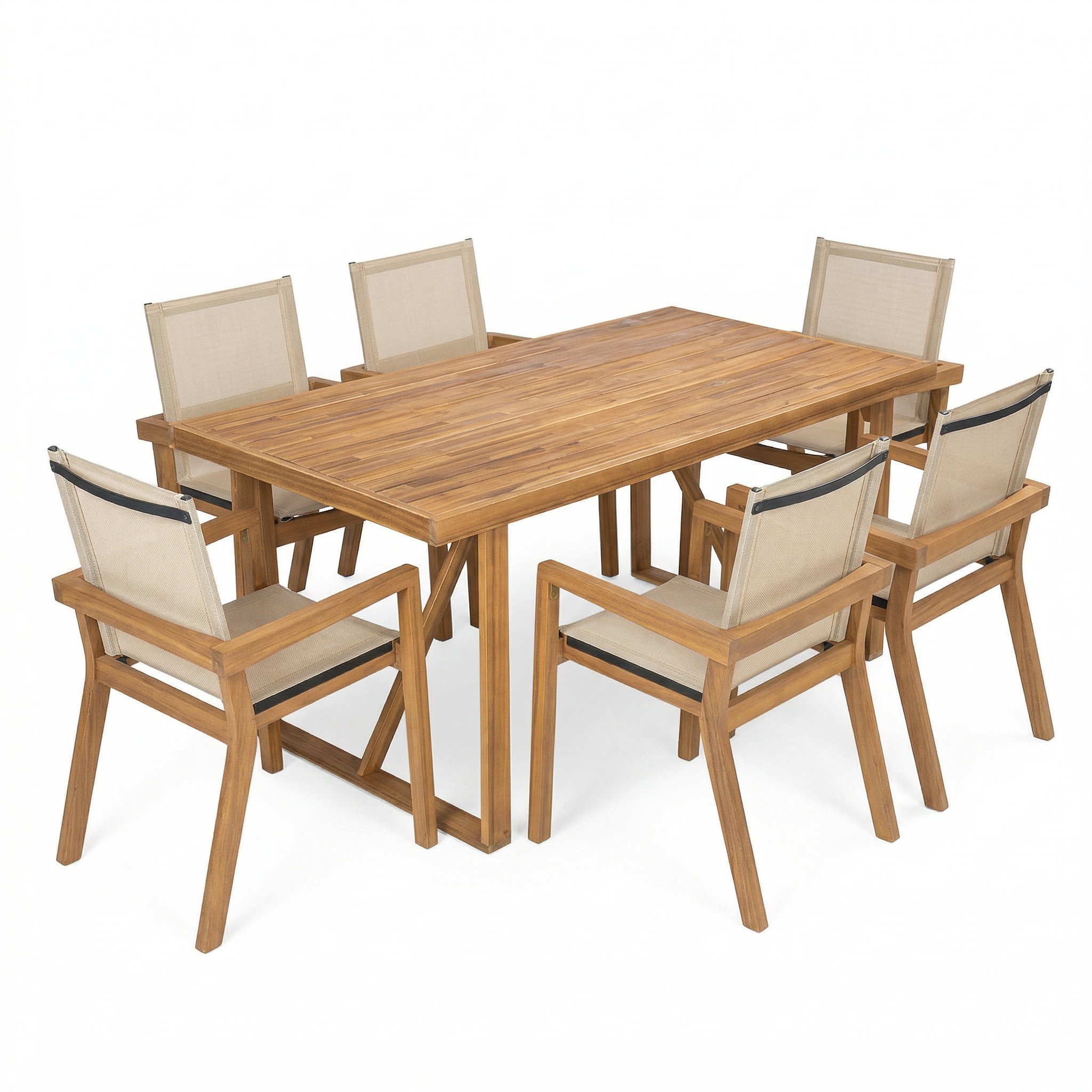 7 Pieces Acacia Wood Outdoor Dining Set s,Modern 6 Chairs 1 Large Table, Dining Furniture Set for Lawn, Backyard, Garden Deck,Poolside,Beige - Image 2