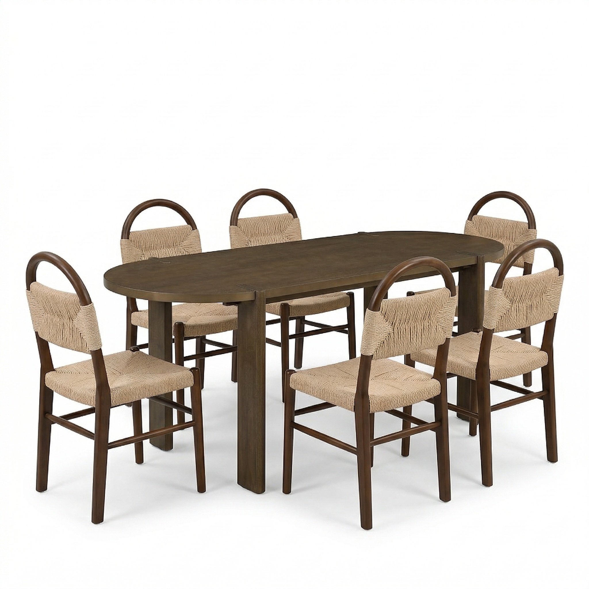7 Pieces Modern Oval Dining Set, Rustic Farmhouse Solid Wood Kitchen Table Set for 6, 71'' Large Retro Country Dinner Set with Walnut Chair, for Dining Room, Kitchen, Home Office, Living Room, Walnut - Image 2
