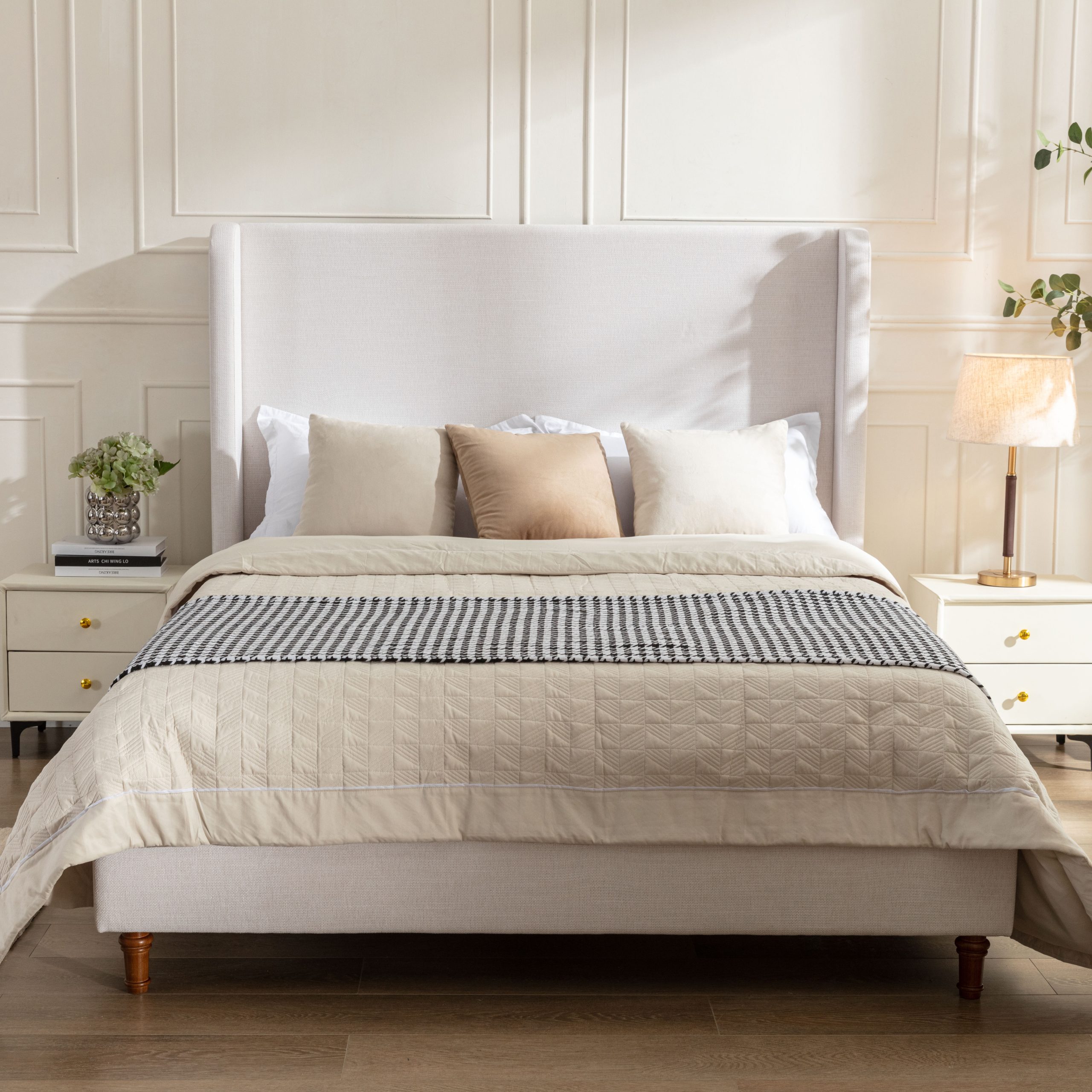 Hayden Upholstered Wingback Bed Size Queen / Tall 54" Headboard Upholstered Queen Bed / Without Wooden Slats / Box Spring Request / Queen / Textured Ivory Canvas / Elegant Simplicity / Easy Assembly - Image 3