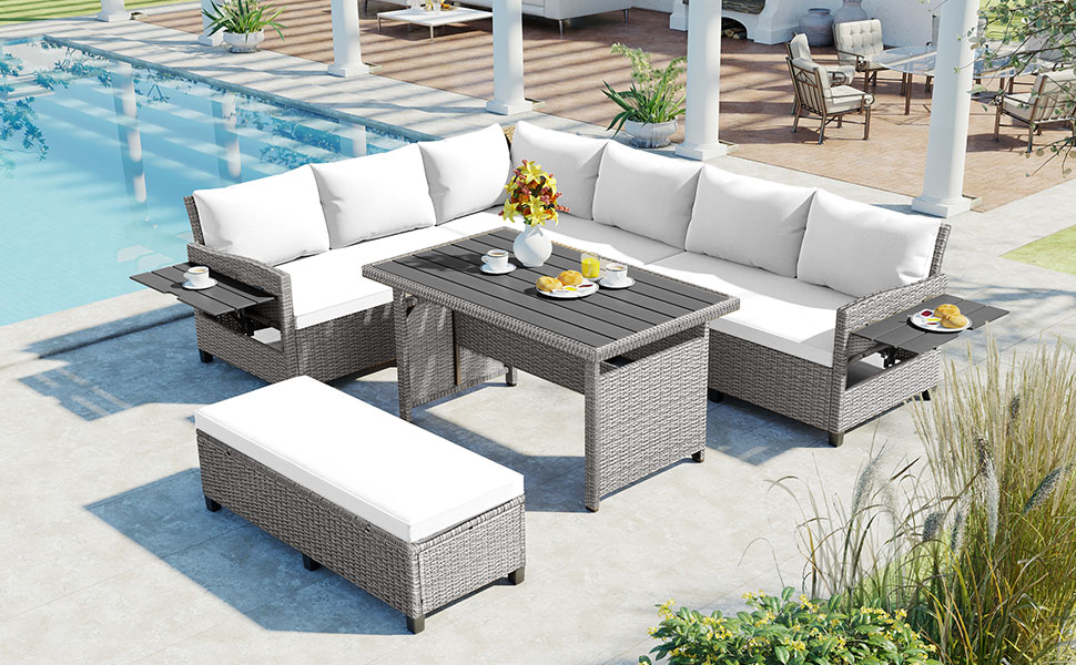 TOMAX 5-Piece Outdoor Patio Rattan Sofa Set, Sectional PE Wicker L-Shaped Garden Furniture Set with 2 Extendable Side Tables, Dining Table and Washable Covers for Backyard, Poolside, Indoor, White - Image 2