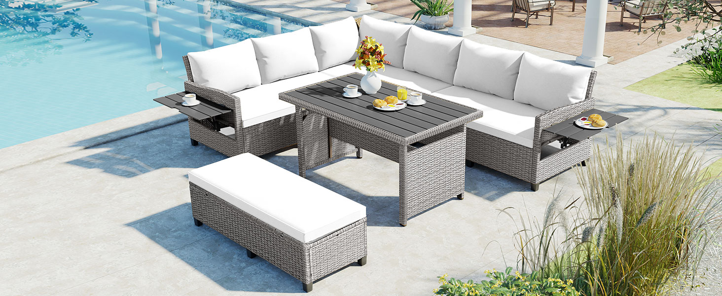 TOMAX 5-Piece Outdoor Patio Rattan Sofa Set, Sectional PE Wicker L-Shaped Garden Furniture Set with 2 Extendable Side Tables, Dining Table and Washable Covers for Backyard, Poolside, Indoor, White - Image 3