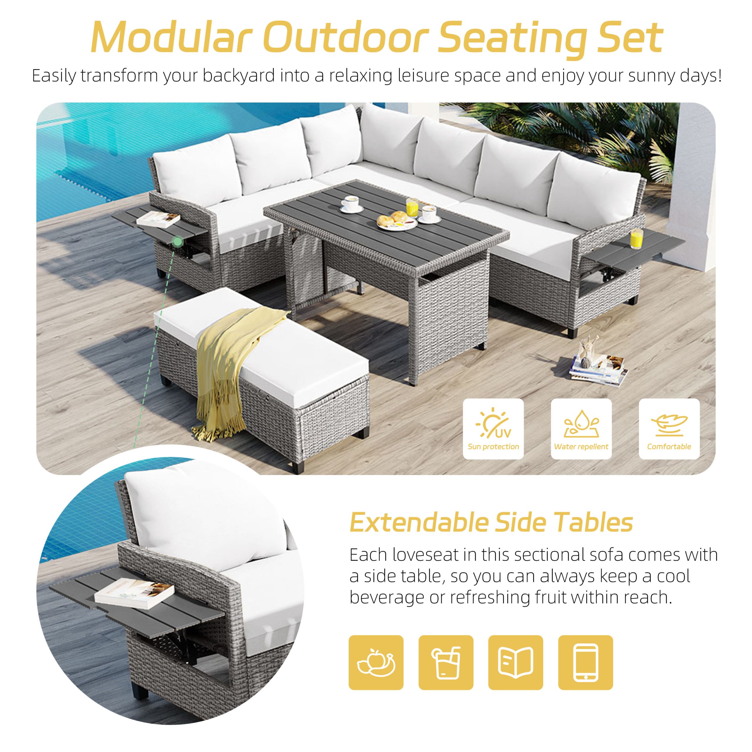 TOMAX 5-Piece Outdoor Patio Rattan Sofa Set, Sectional PE Wicker L-Shaped Garden Furniture Set with 2 Extendable Side Tables, Dining Table and Washable Covers for Backyard, Poolside, Indoor, White - Image 4
