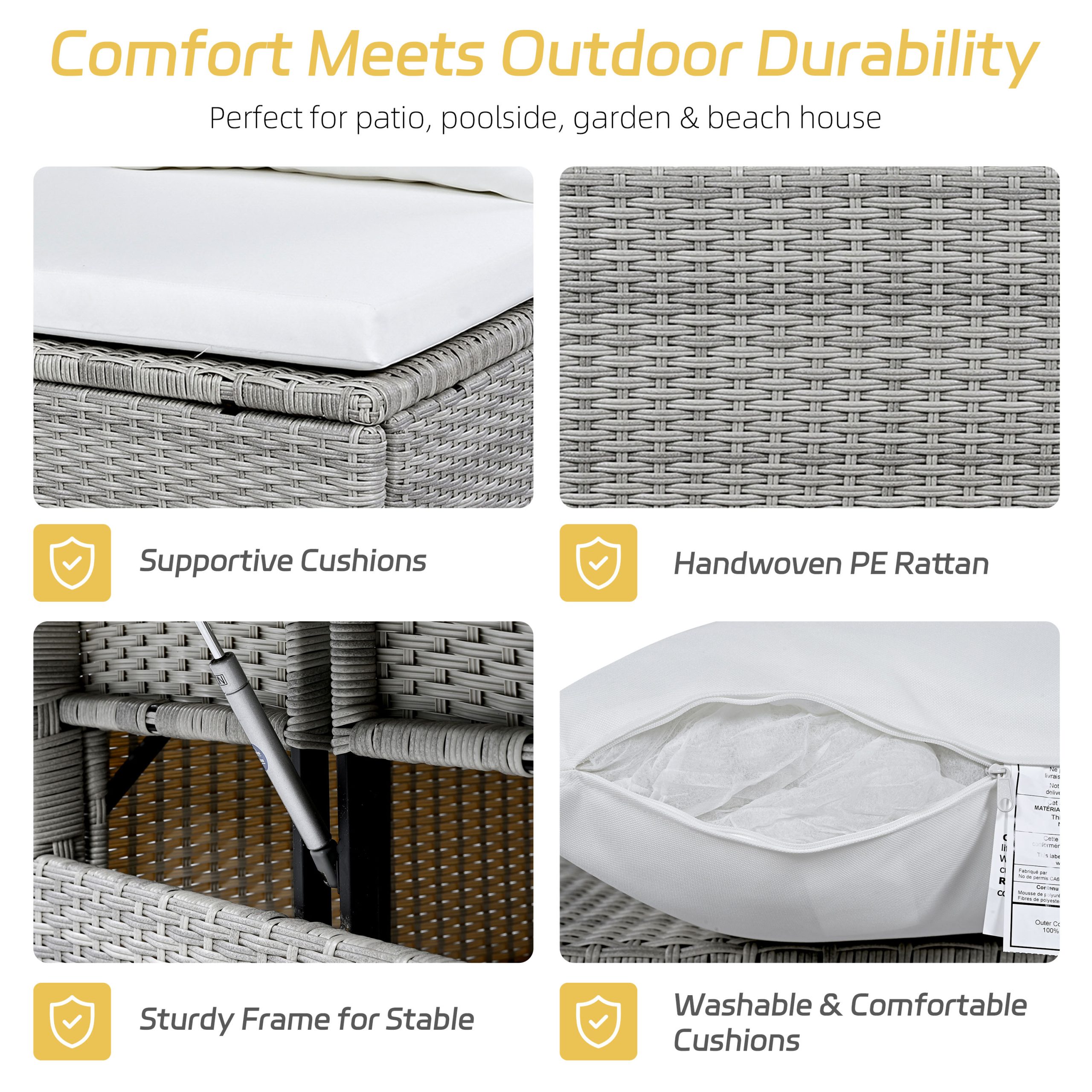 TOMAX 5-Piece Outdoor Patio Rattan Sofa Set, Sectional PE Wicker L-Shaped Garden Furniture Set with 2 Extendable Side Tables, Dining Table and Washable Covers for Backyard, Poolside, Indoor, White - Image 5
