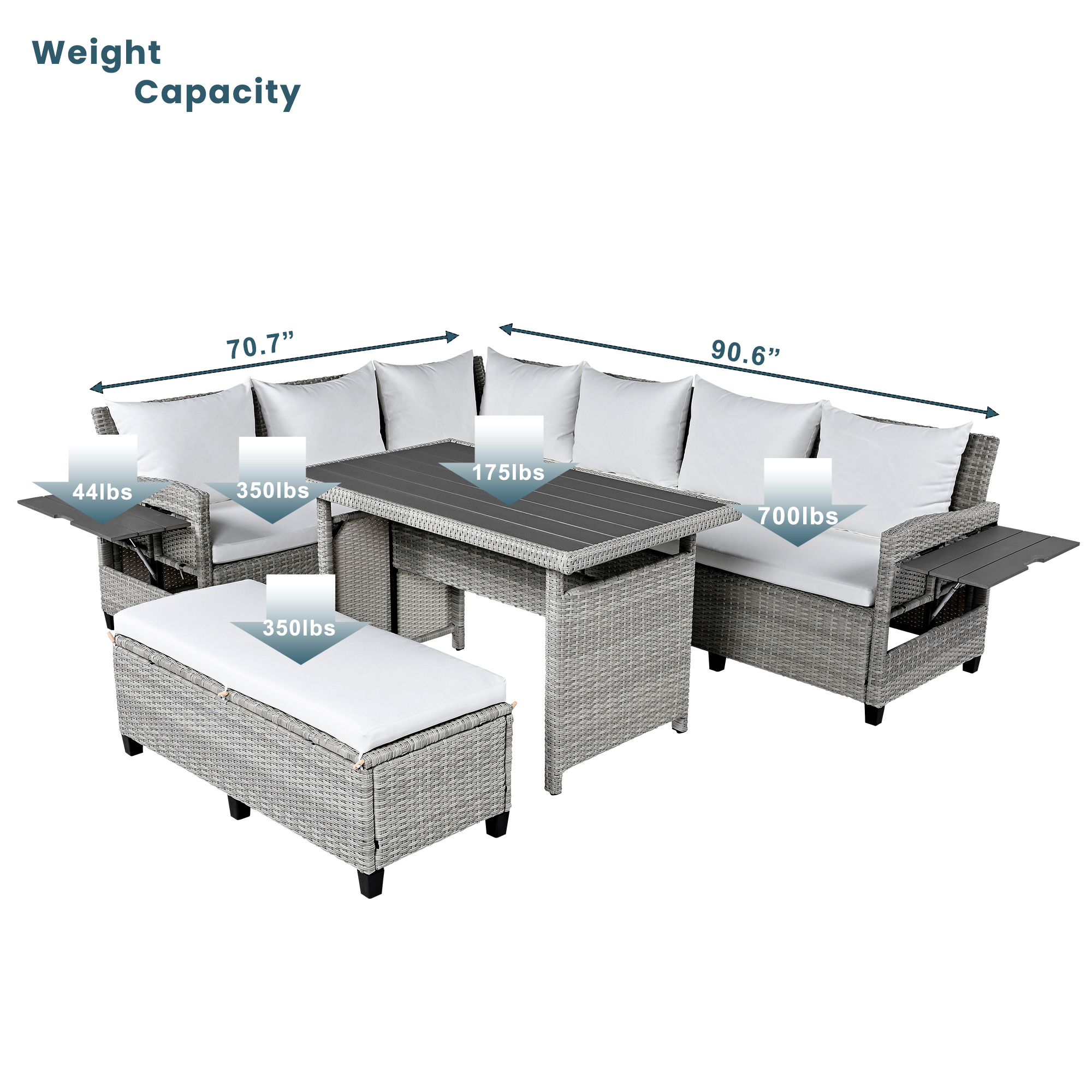 TOMAX 5-Piece Outdoor Patio Rattan Sofa Set, Sectional PE Wicker L-Shaped Garden Furniture Set with 2 Extendable Side Tables, Dining Table and Washable Covers for Backyard, Poolside, Indoor, White - Image 6