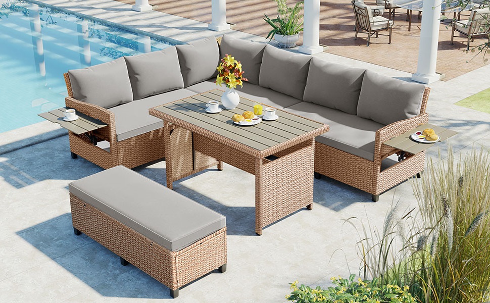 TOMAX 5-Piece Outdoor Patio Rattan Sofa Set, Sectional PE Wicker L-Shaped Garden Furniture Set with 2 Extendable Side Tables, Dining Table and Washable Covers for Backyard, Poolside, Indoor, Brown - Image 2