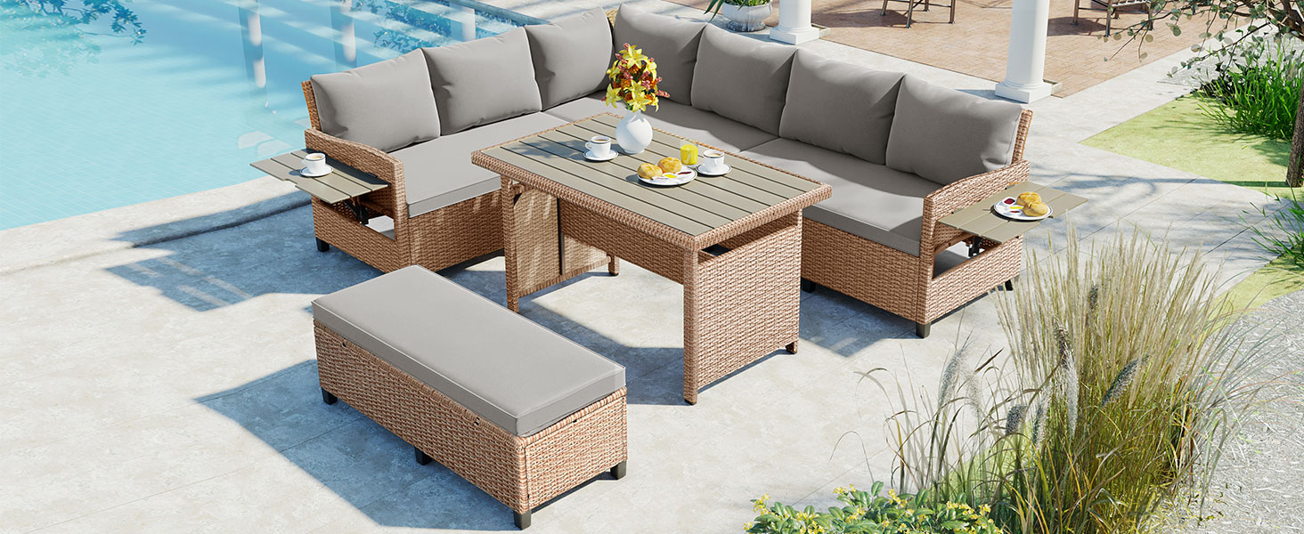 TOMAX 5-Piece Outdoor Patio Rattan Sofa Set, Sectional PE Wicker L-Shaped Garden Furniture Set with 2 Extendable Side Tables, Dining Table and Washable Covers for Backyard, Poolside, Indoor, Brown - Image 3