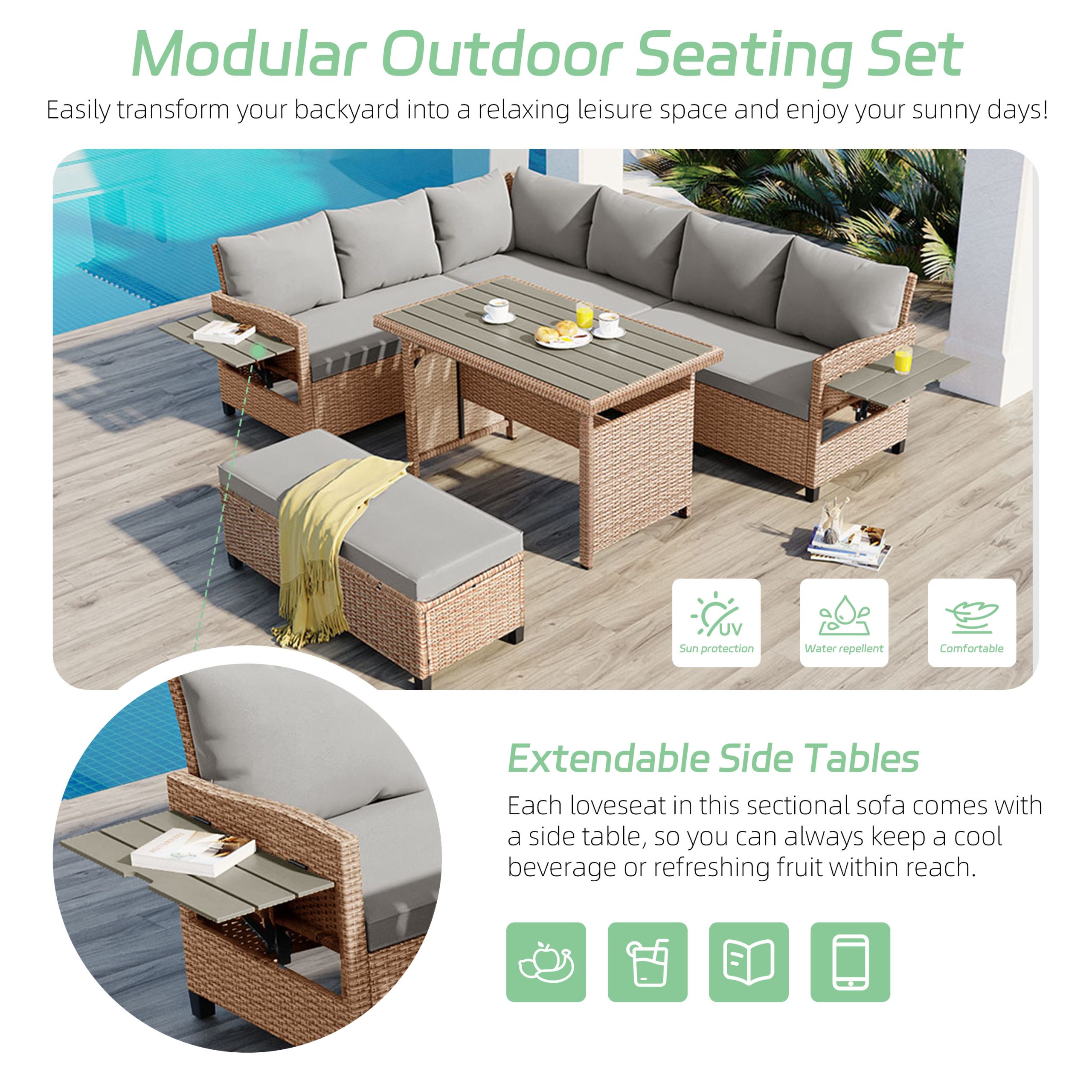 TOMAX 5-Piece Outdoor Patio Rattan Sofa Set, Sectional PE Wicker L-Shaped Garden Furniture Set with 2 Extendable Side Tables, Dining Table and Washable Covers for Backyard, Poolside, Indoor, Brown - Image 4