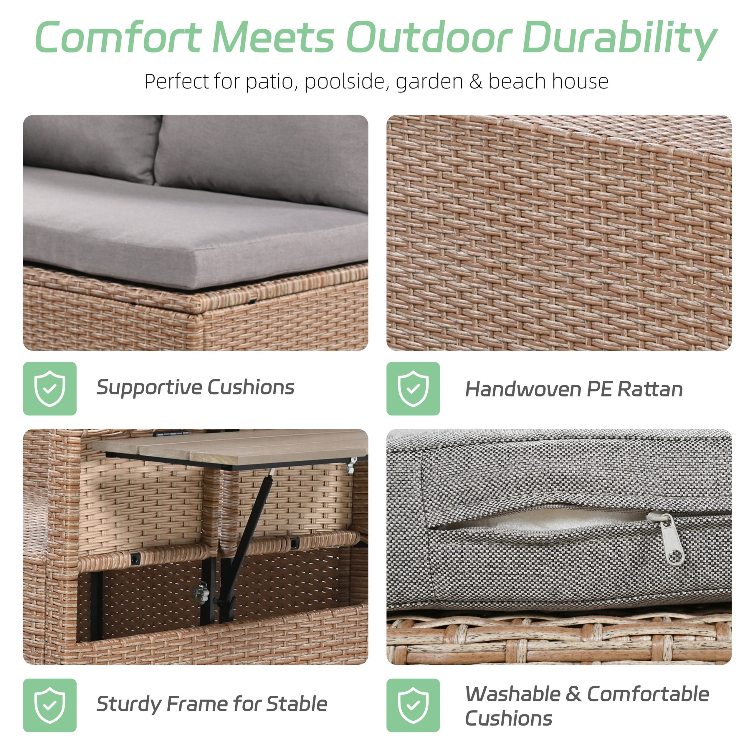 TOMAX 5-Piece Outdoor Patio Rattan Sofa Set, Sectional PE Wicker L-Shaped Garden Furniture Set with 2 Extendable Side Tables, Dining Table and Washable Covers for Backyard, Poolside, Indoor, Brown - Image 5