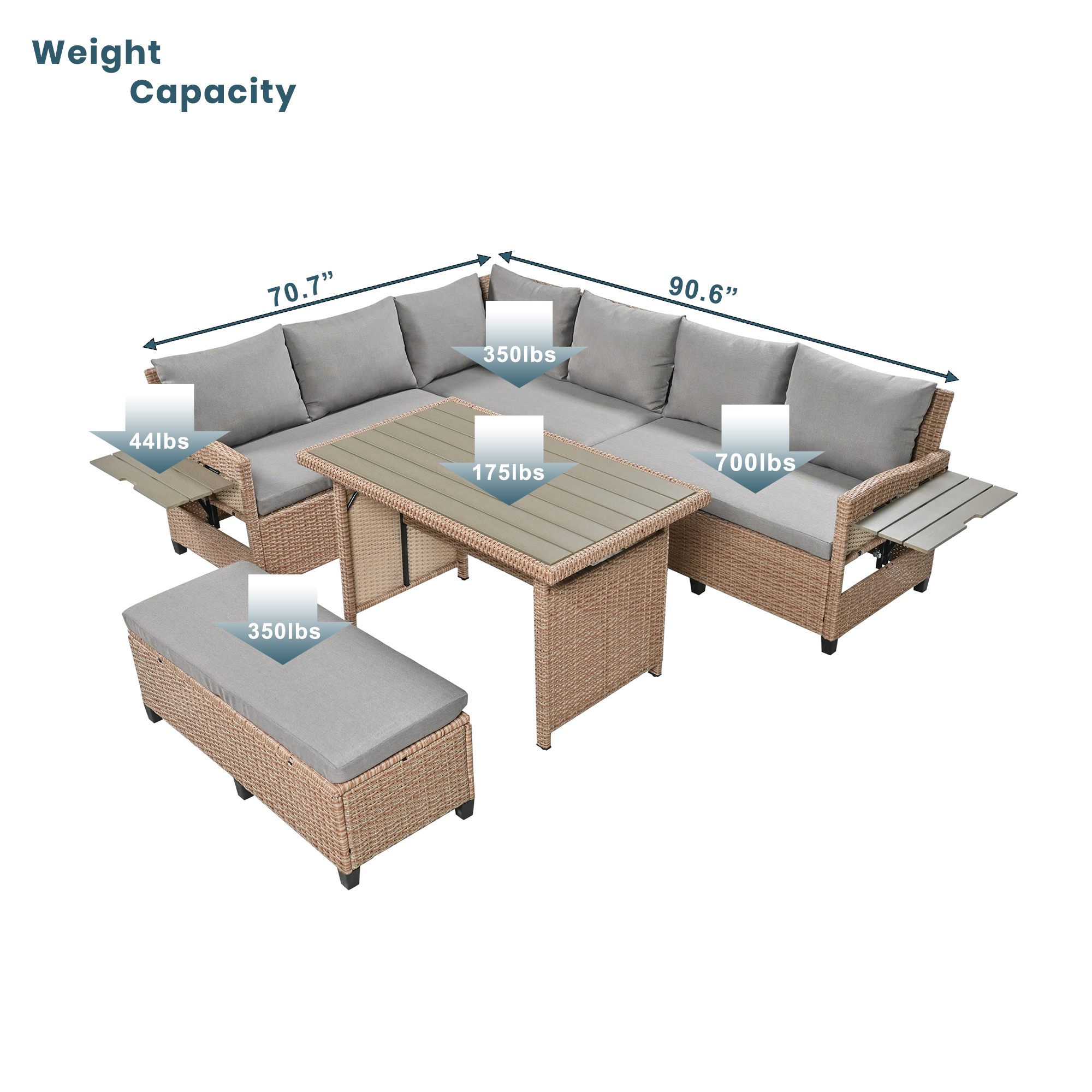 TOMAX 5-Piece Outdoor Patio Rattan Sofa Set, Sectional PE Wicker L-Shaped Garden Furniture Set with 2 Extendable Side Tables, Dining Table and Washable Covers for Backyard, Poolside, Indoor, Brown - Image 6