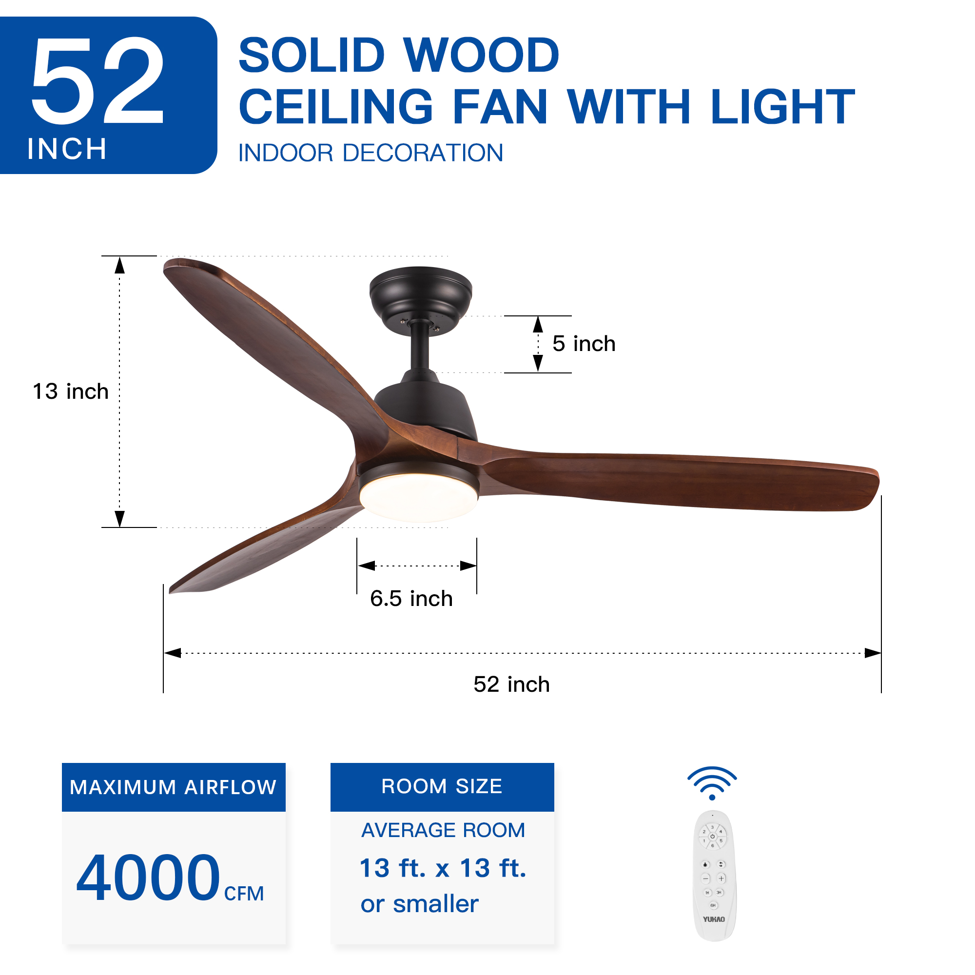 52" YUHAO Farmhouse Rustic LED Ceiling Fan with Remote Control - Image 3
