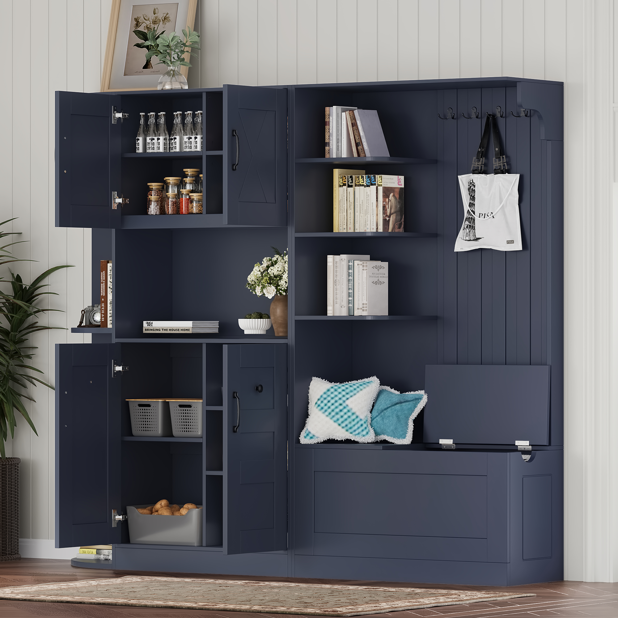 Multifunctional left-right combination hall cabinet (can be used separately) with storage and 4 hooks, storage cabinet/ hall tree 2 in 1 for living room, kitchen and hallway, Antique Blue - Image 2