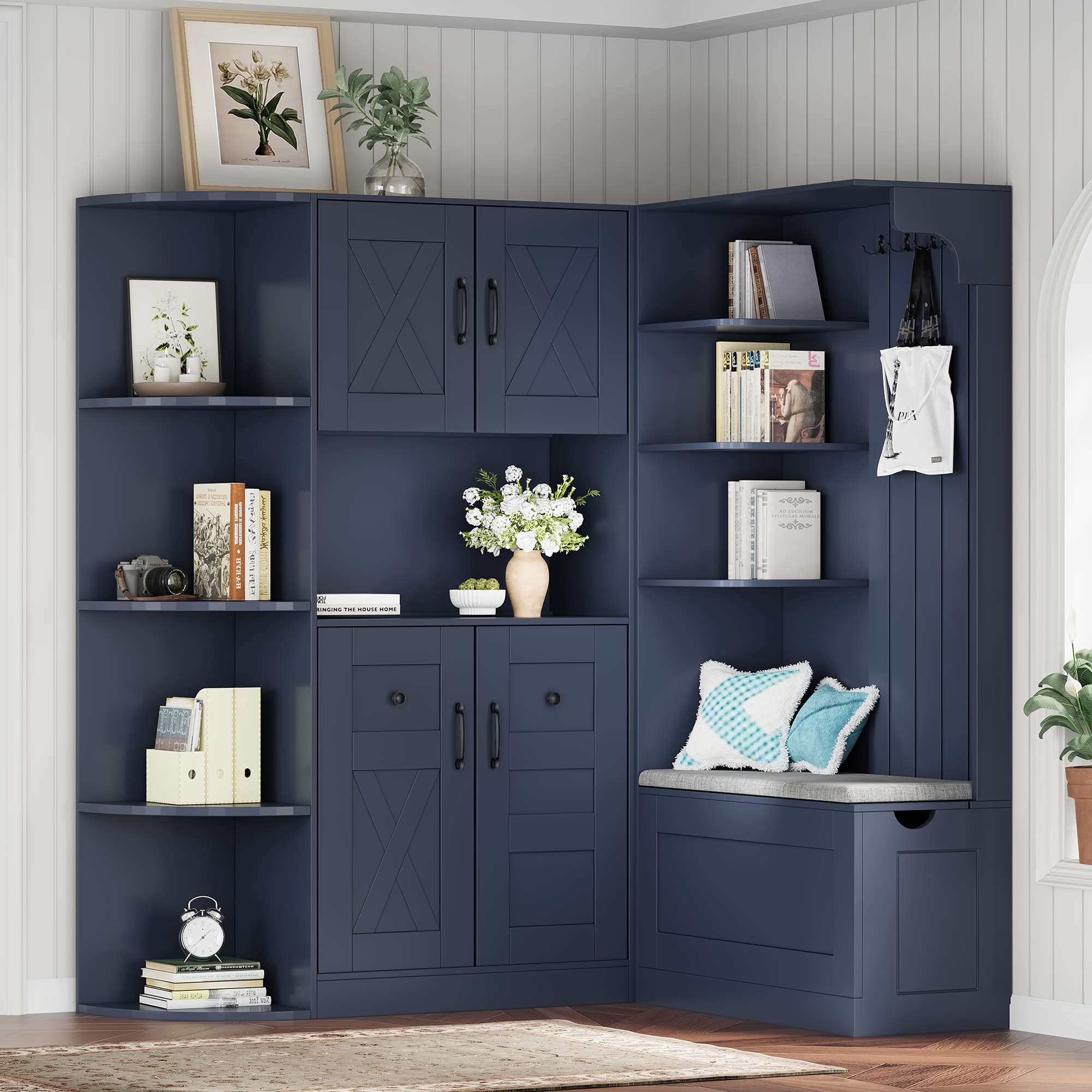 Multifunctional left-right combination hall cabinet (can be used separately) with storage and 4 hooks, storage cabinet/ hall tree 2 in 1 for living room, kitchen and hallway, Antique Blue - Image 3
