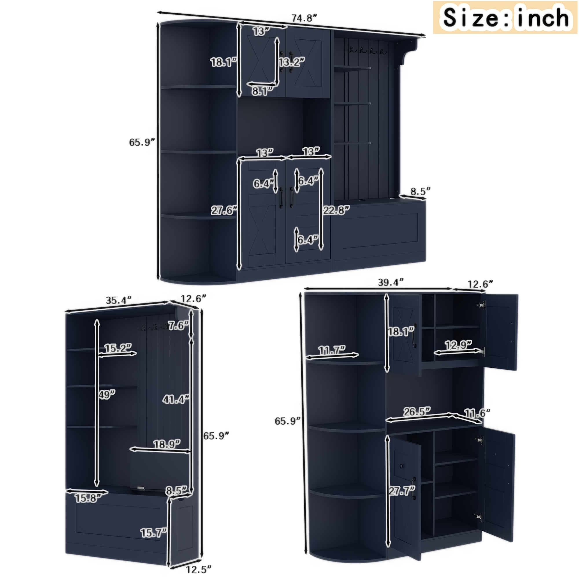 Multifunctional left-right combination hall cabinet (can be used separately) with storage and 4 hooks, storage cabinet/ hall tree 2 in 1 for living room, kitchen and hallway, Antique Blue - Image 4