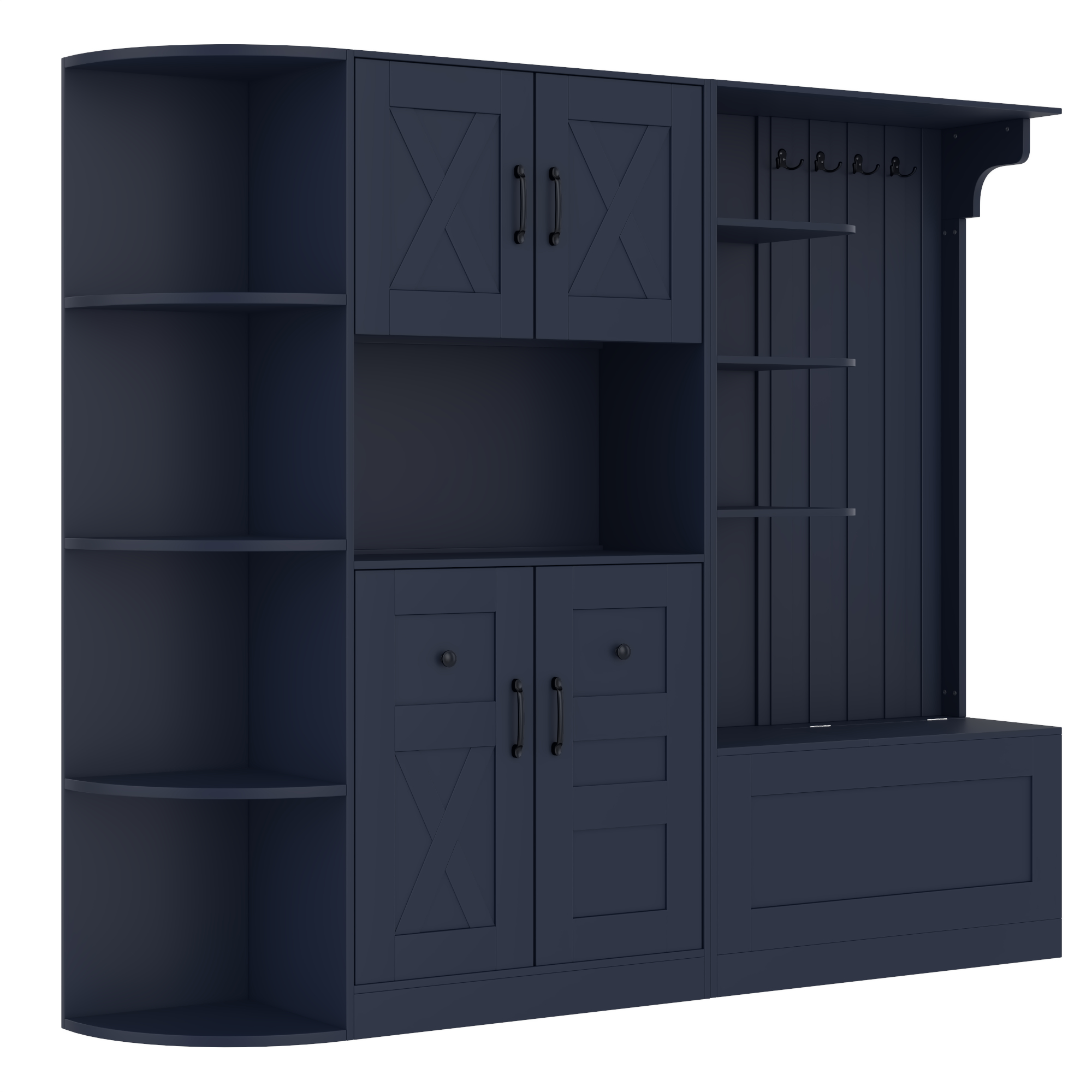 Multifunctional left-right combination hall cabinet (can be used separately) with storage and 4 hooks, storage cabinet/ hall tree 2 in 1 for living room, kitchen and hallway, Antique Blue - Image 5
